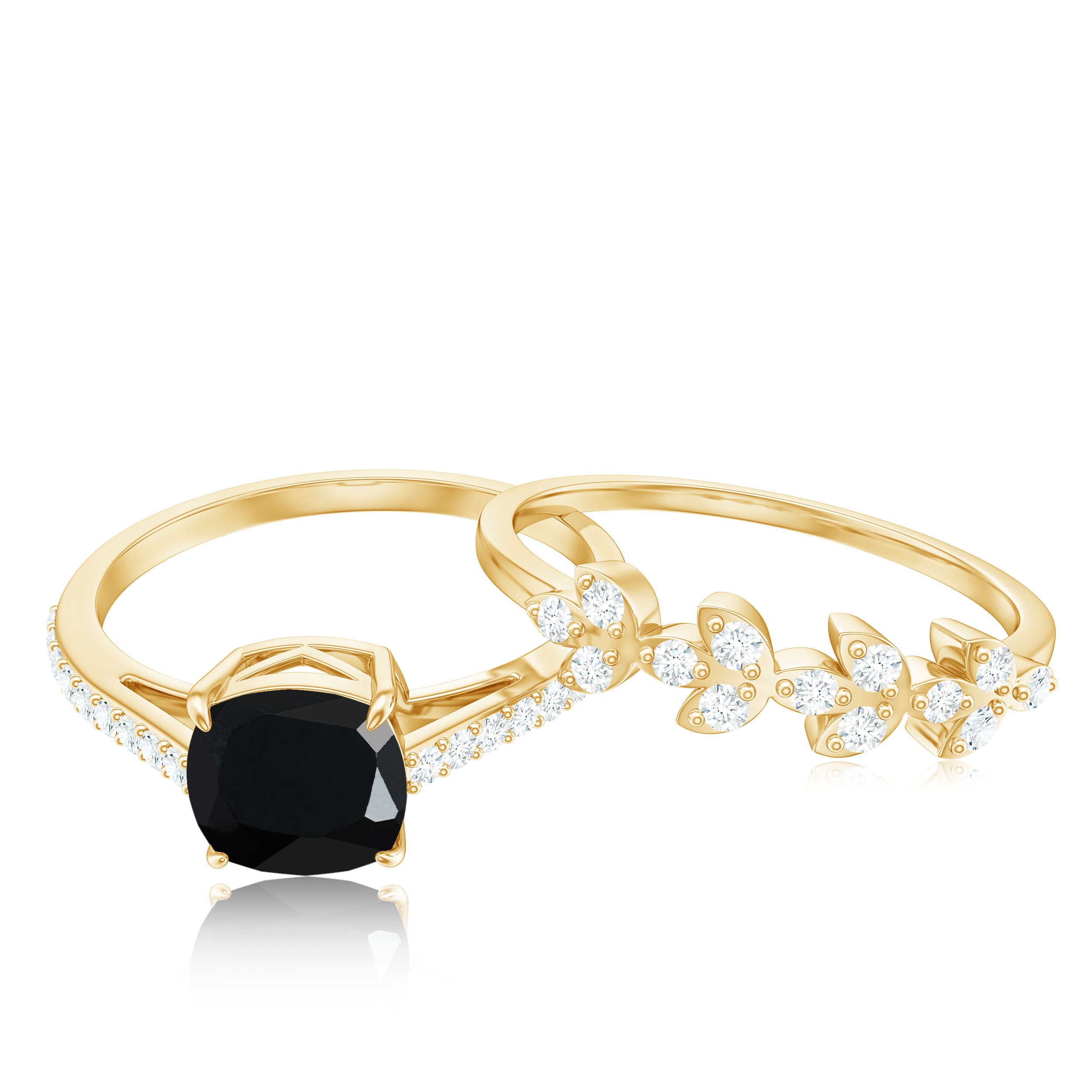Cushion Cut Black Onyx and Diamond Engagement Ring with Leaf Wedding Band AAA - Rosec Jewels