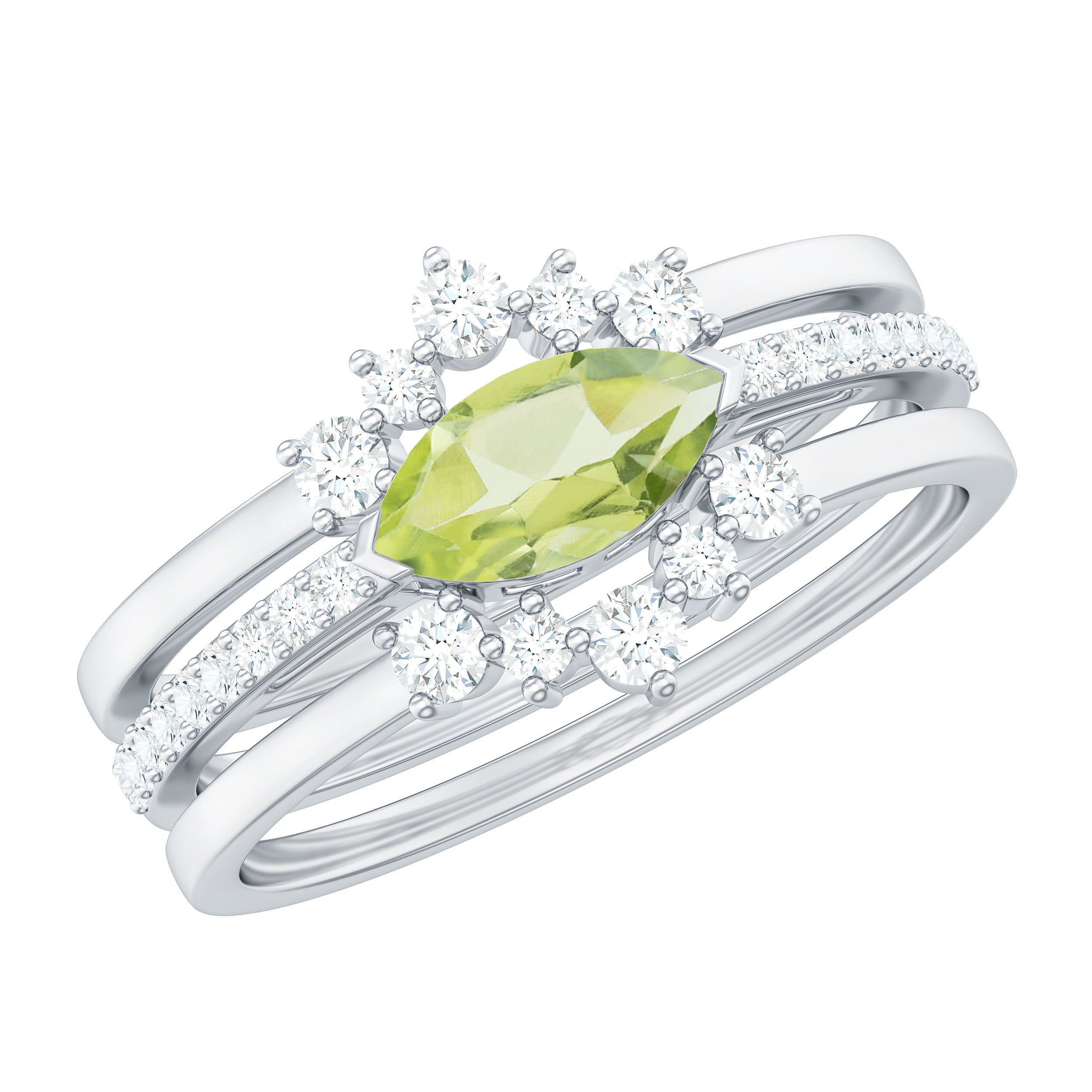 East West Style Peridot 3 Piece Bridal Ring Set with Diamond