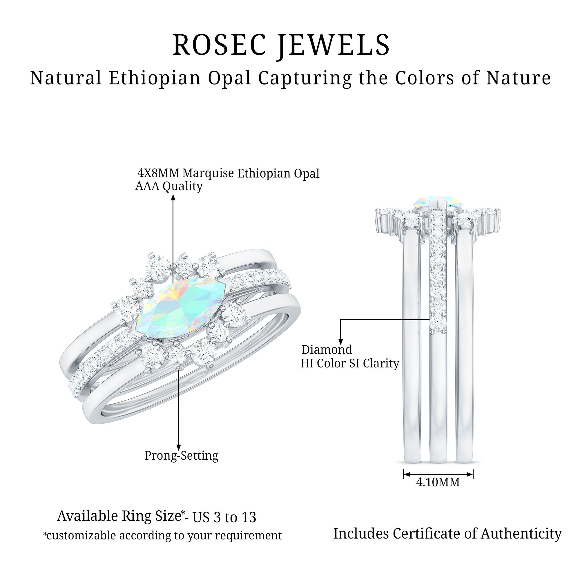 Certified Real Ethiopian Opal Diamond Wedding Bridal Ring Set of 3 AAA - Rosec Jewels