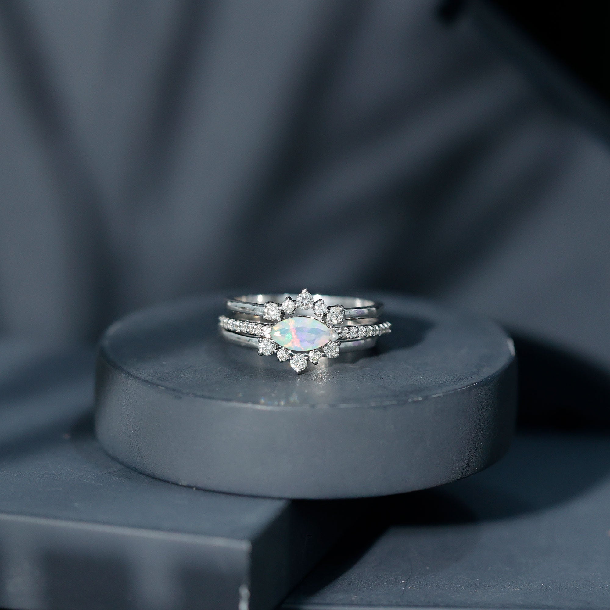 Certified Real Ethiopian Opal Diamond Wedding Bridal Ring Set of 3 AAA - Rosec Jewels