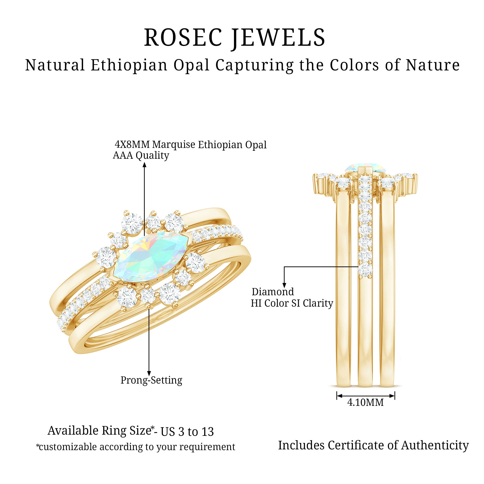 Certified Real Ethiopian Opal Diamond Wedding Bridal Ring Set of 3 AAA - Rosec Jewels