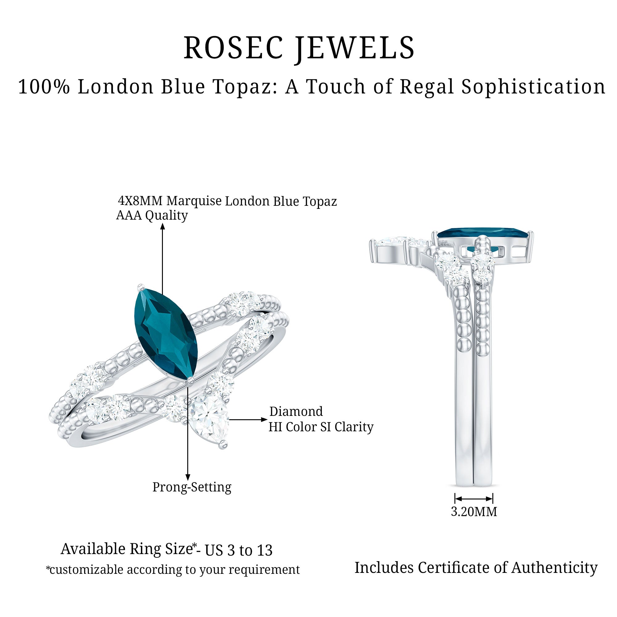 London Blue Topaz and Diamond Wedding Ring Set with Beaded Details AAA - Rosec Jewels