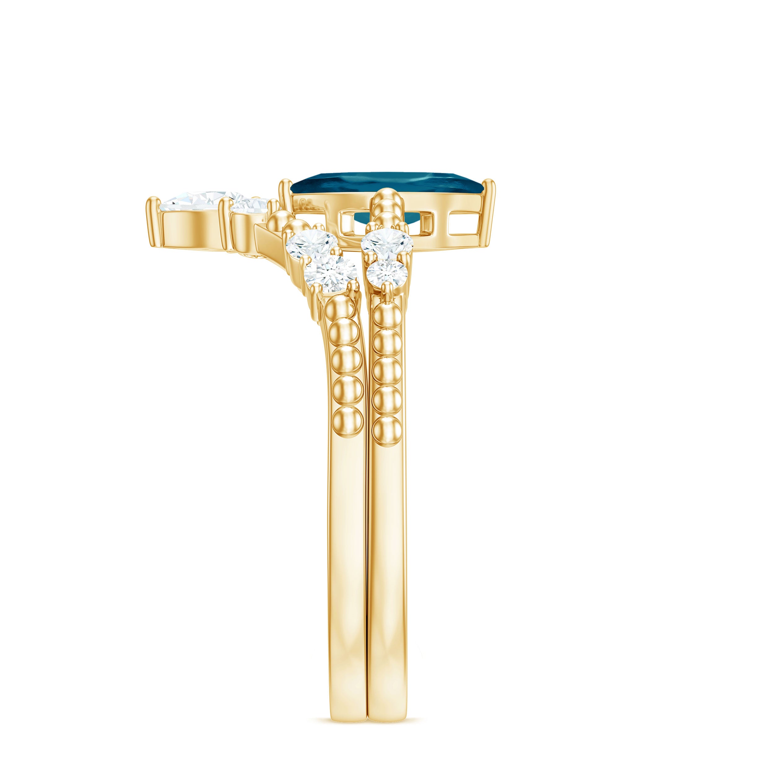 London Blue Topaz and Diamond Wedding Ring Set with Beaded Details AAA - Rosec Jewels
