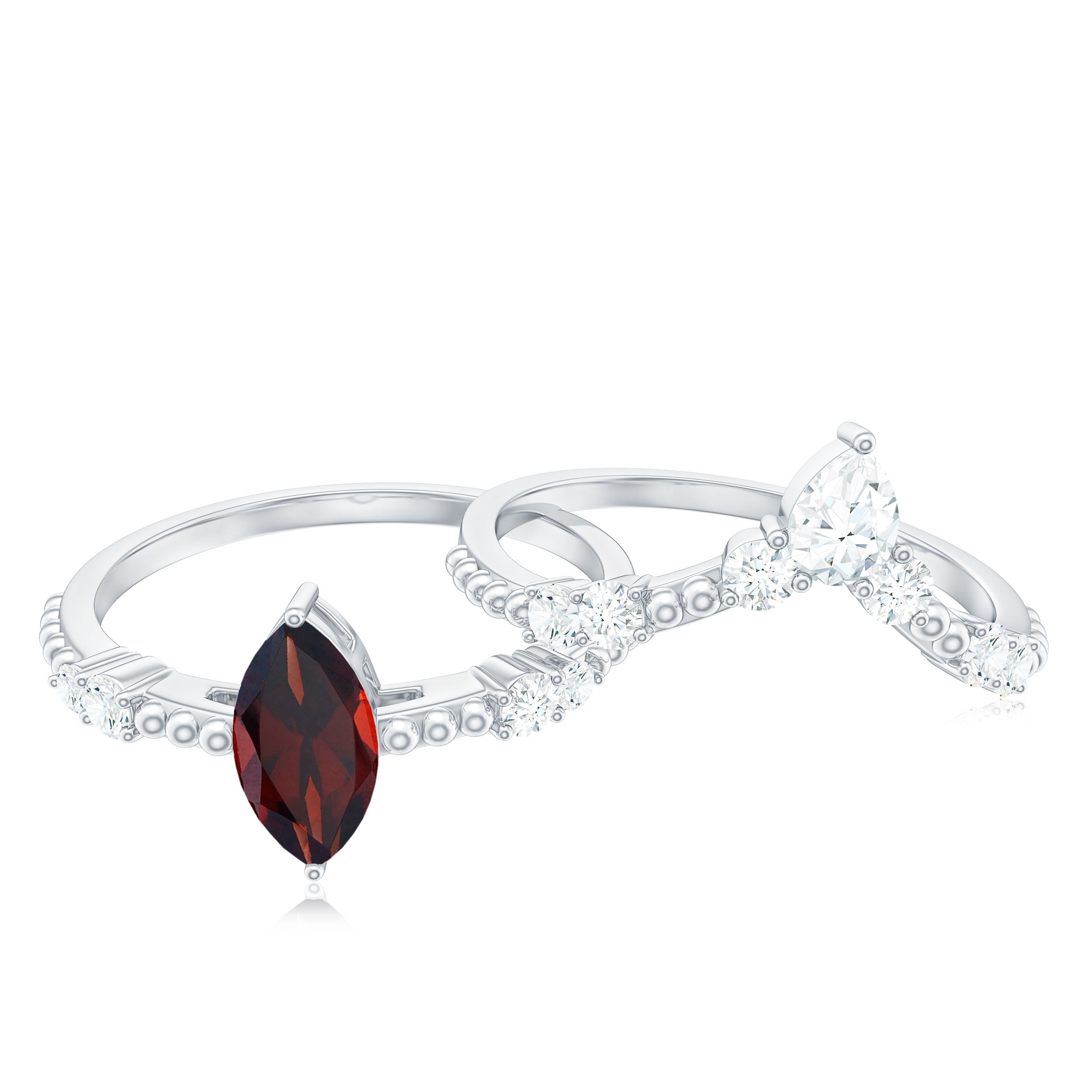 Certified Real Marquise Garnet Diamond Wedding Bridal Ring Set AAA - Rosec Jewels