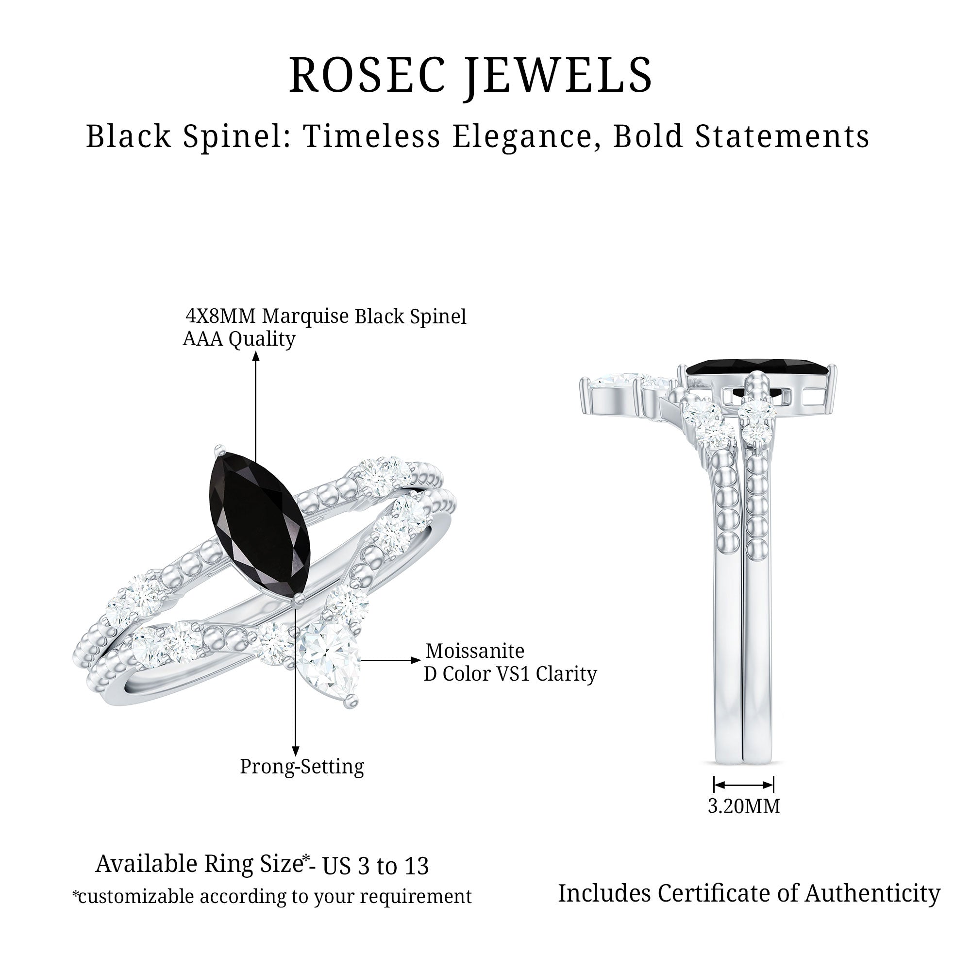 Natural Black Spinel Wedding Engagement Ring Set with Moissanite AAA - Rosec Jewels