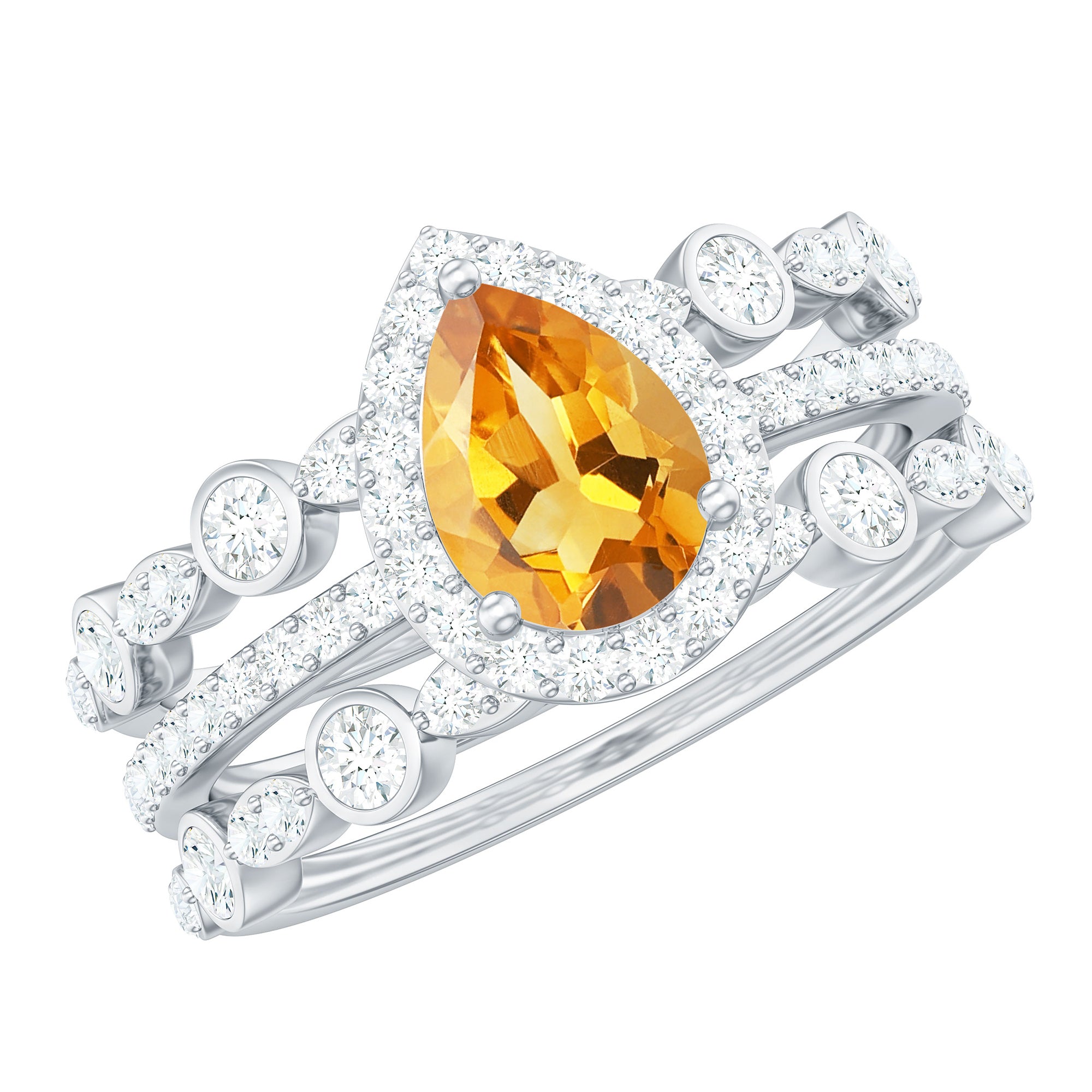 Pear Cut Citrine Bridal Trio Ring Set with Moissanite Band