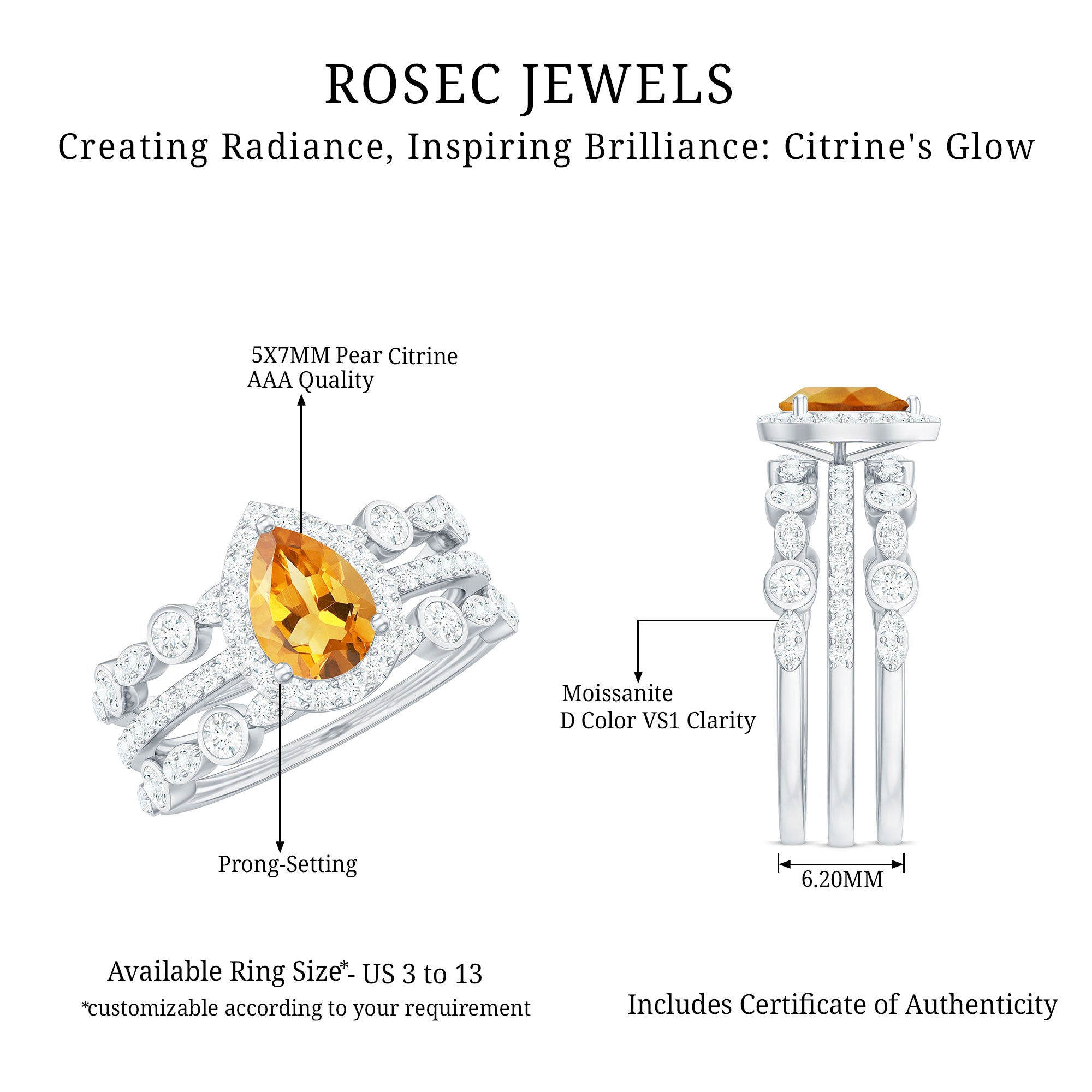 Rosec Jewels-Pear Cut Citrine Bridal Trio Ring Set with Moissanite Band