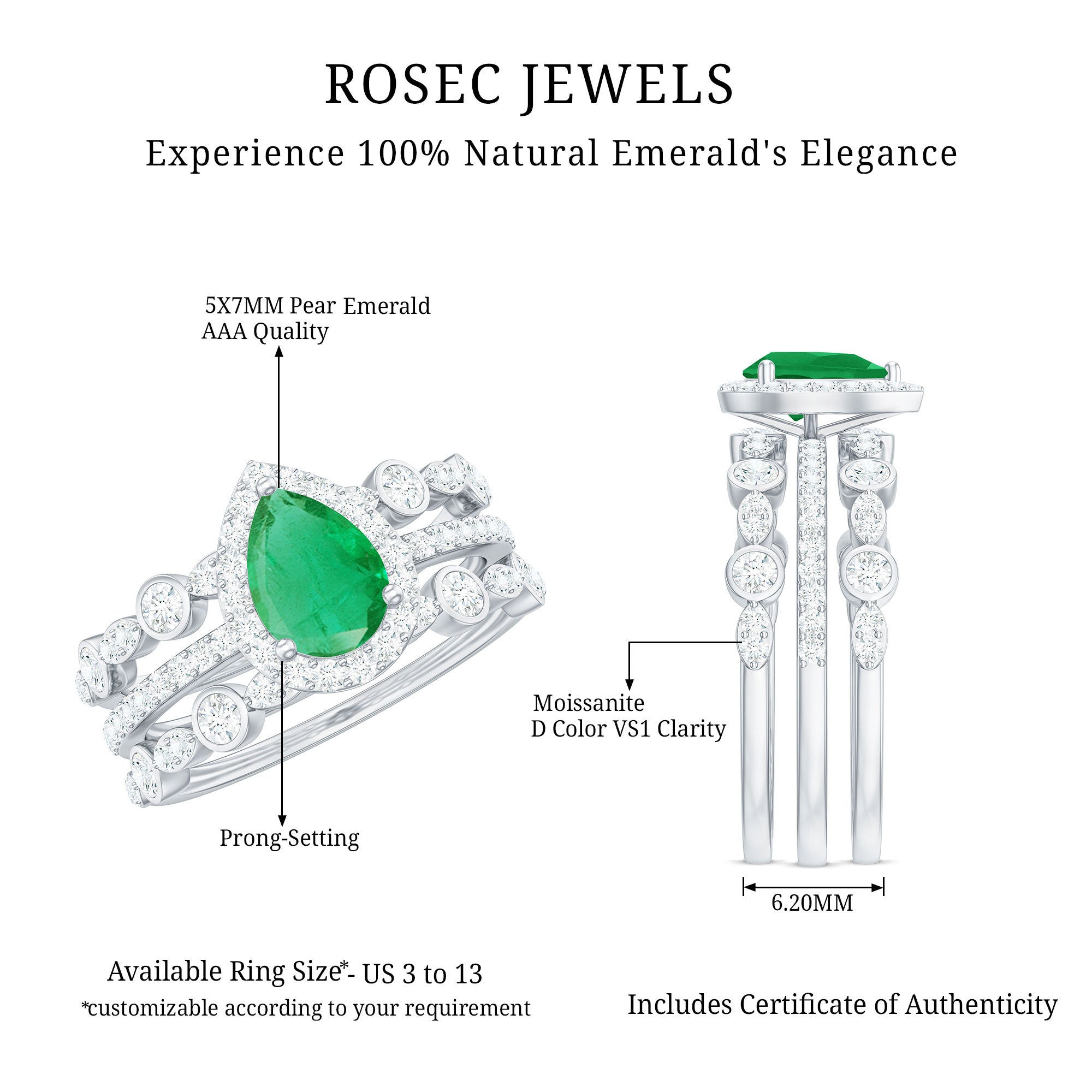 Natural Emerald Teardrop Engagement Ring and Wedding Band Set of 3 AAA - Rosec Jewels