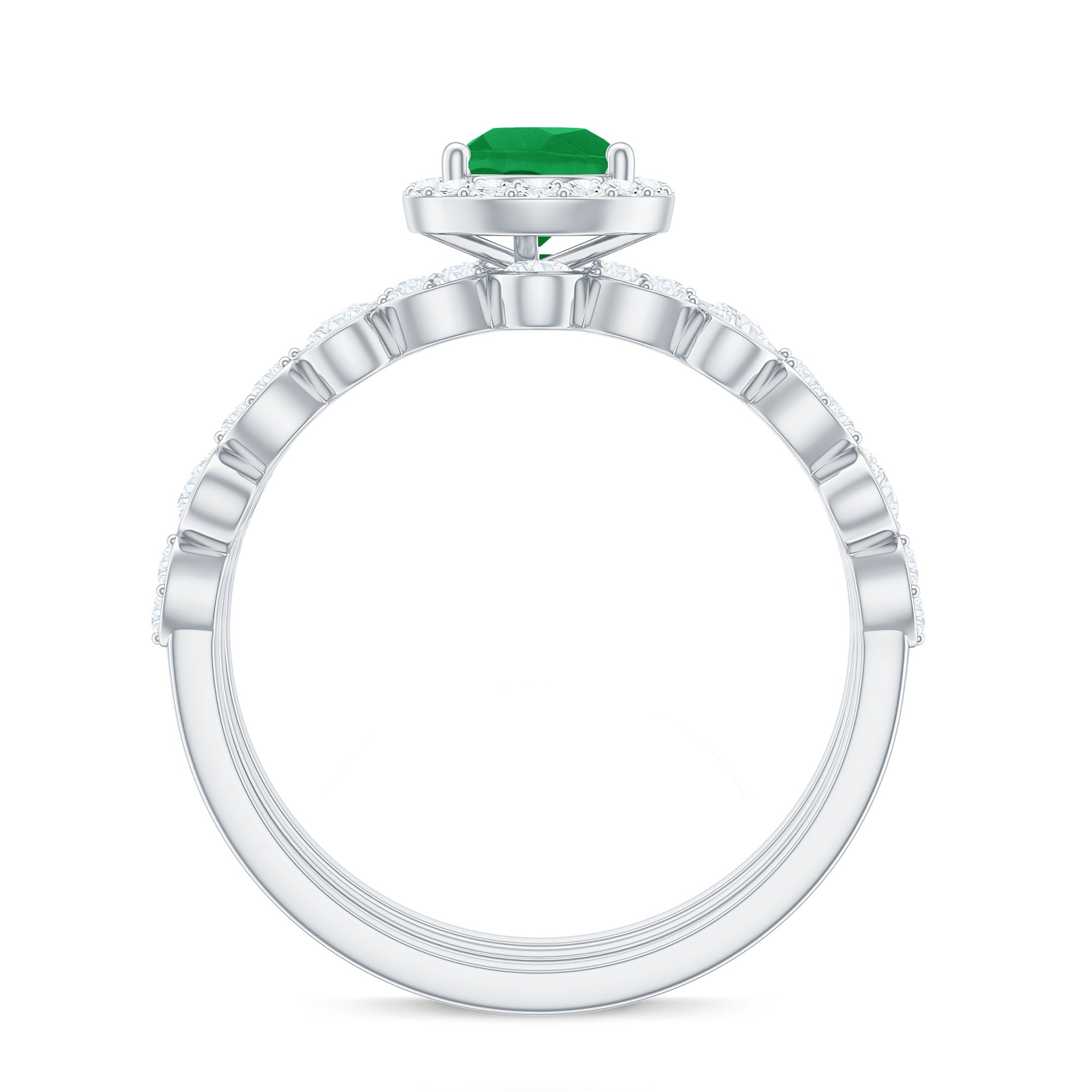 Natural Emerald Teardrop Engagement Ring and Wedding Band Set of 3 AAA - Rosec Jewels