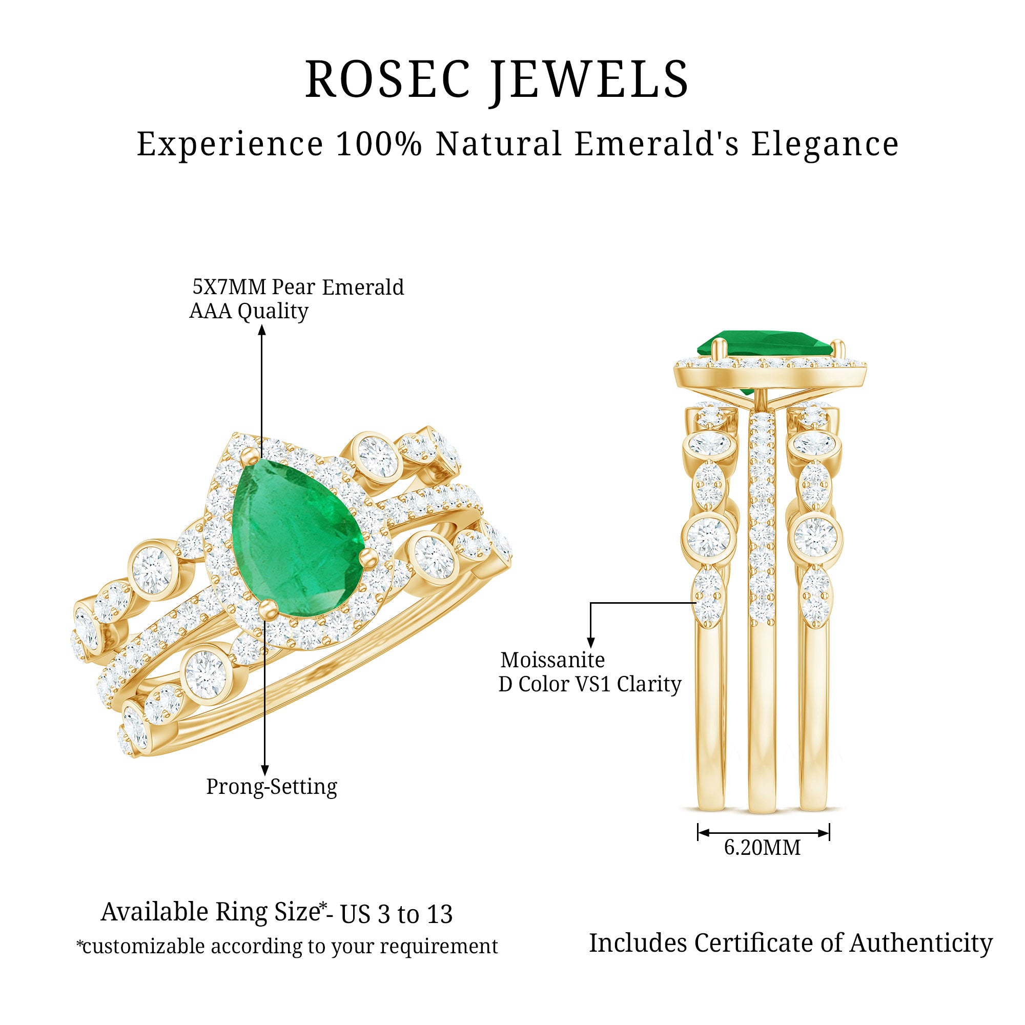 Natural Emerald Teardrop Engagement Ring and Wedding Band Set of 3 AAA - Rosec Jewels