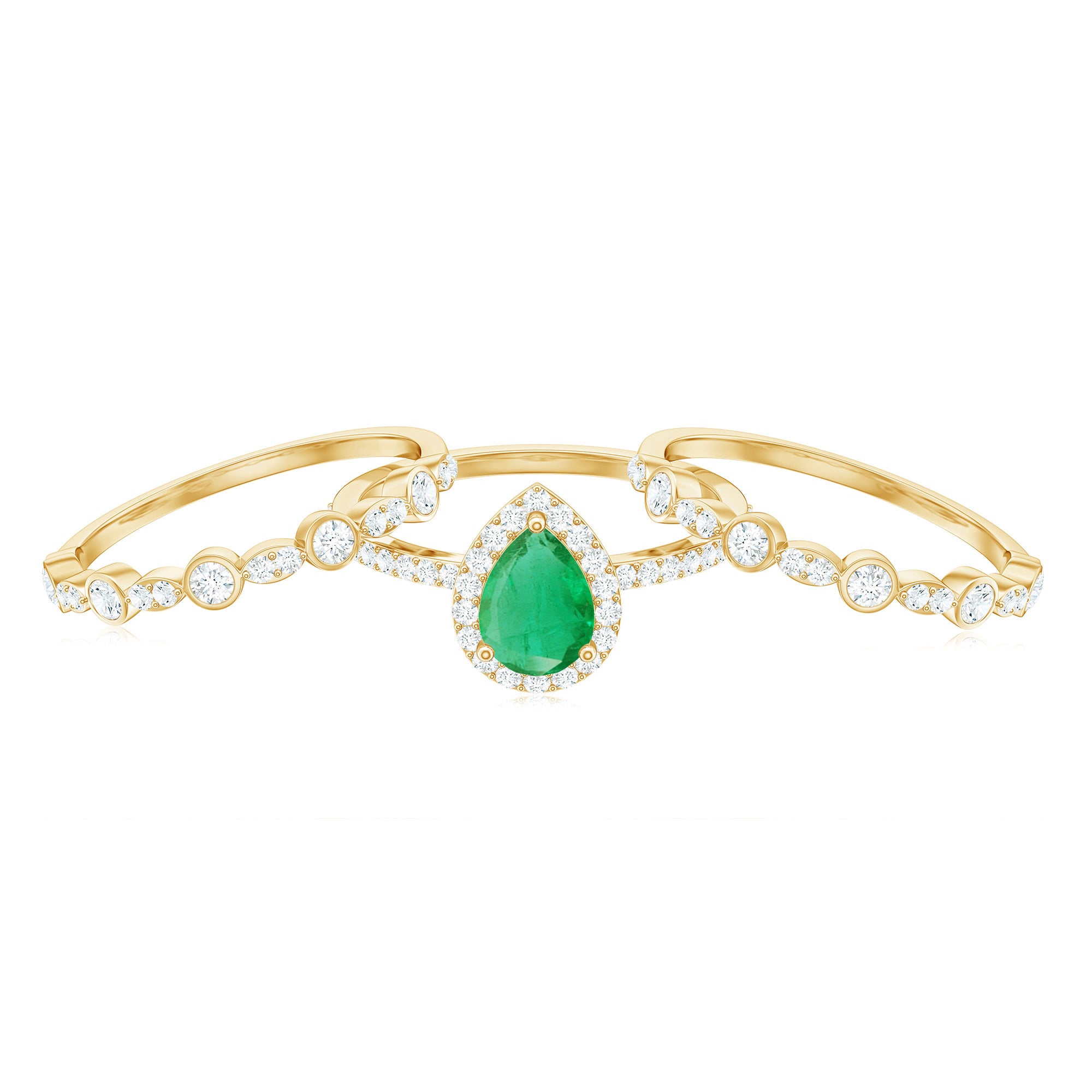 Natural Emerald Teardrop Engagement Ring and Wedding Band Set of 3 AAA - Rosec Jewels