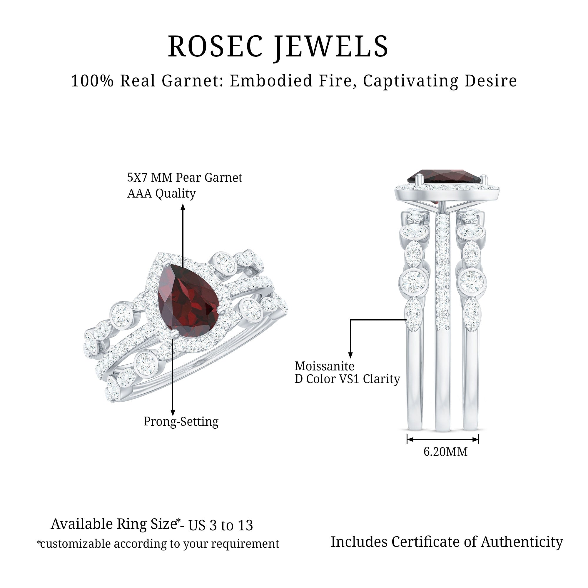 Real 5X7mm Pear Shape Garnet 3 Piece Wedding Ring Set AAA - Rosec Jewels