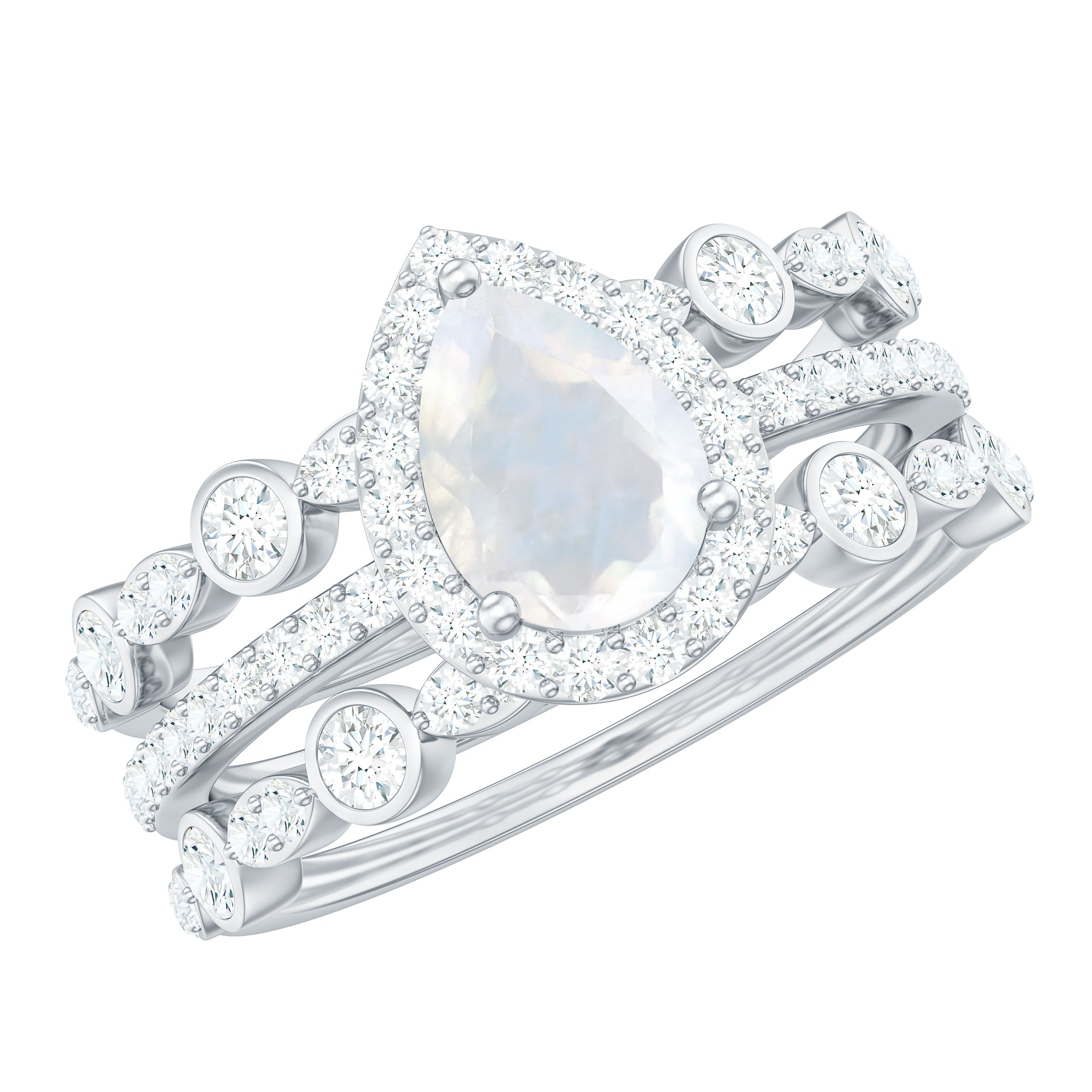 Rosec Jewels-Pear Cut Moonstone Bridal Trio Ring Set with Moissanite Band