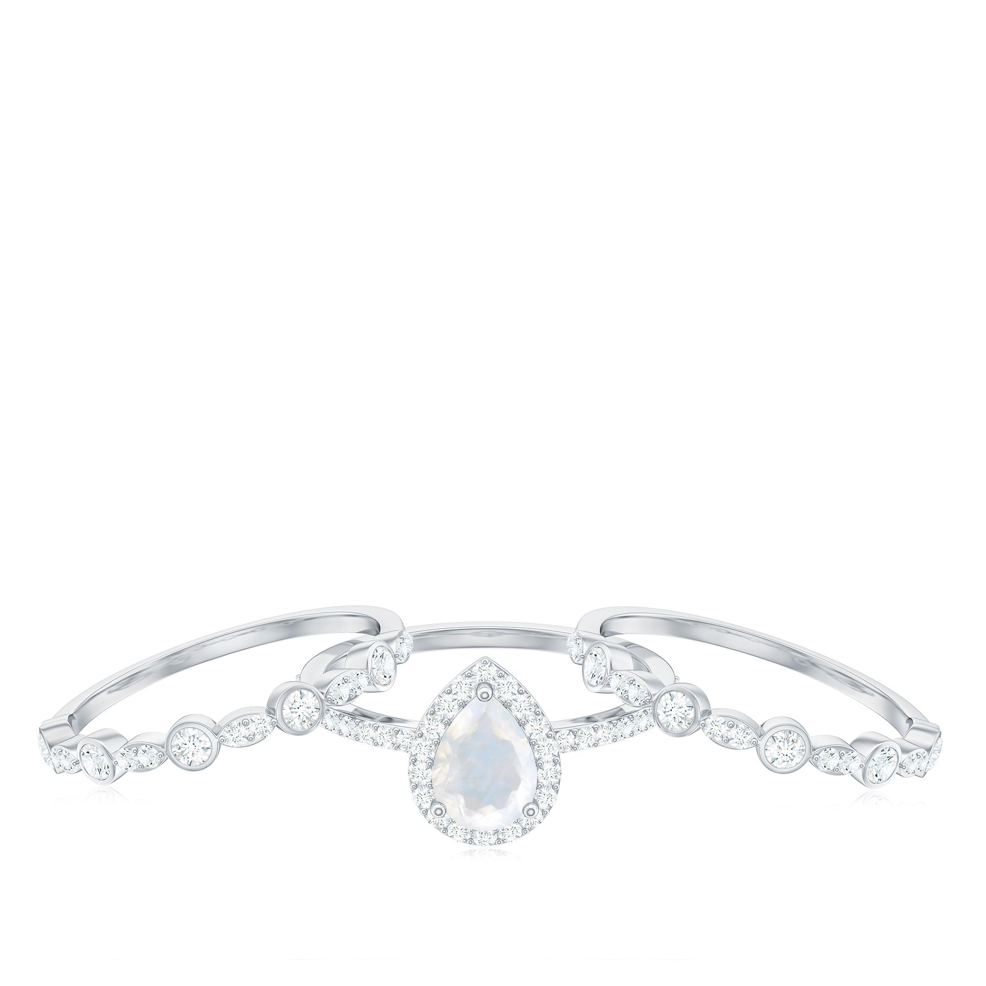 Rosec Jewels-Pear Cut Moonstone Bridal Trio Ring Set with Moissanite Band