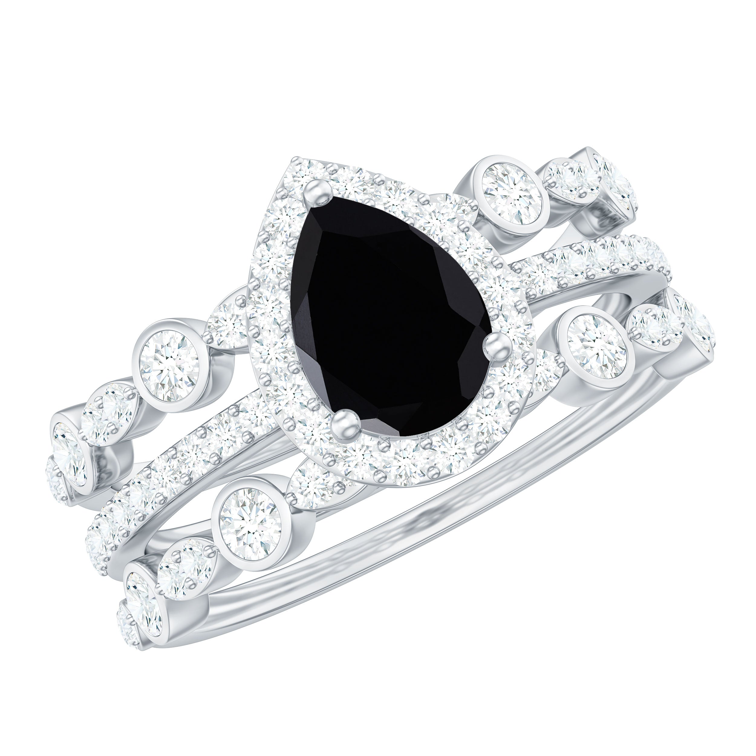 Pear Cut Black Spinel Bridal Trio Ring Set with Moissanite Band