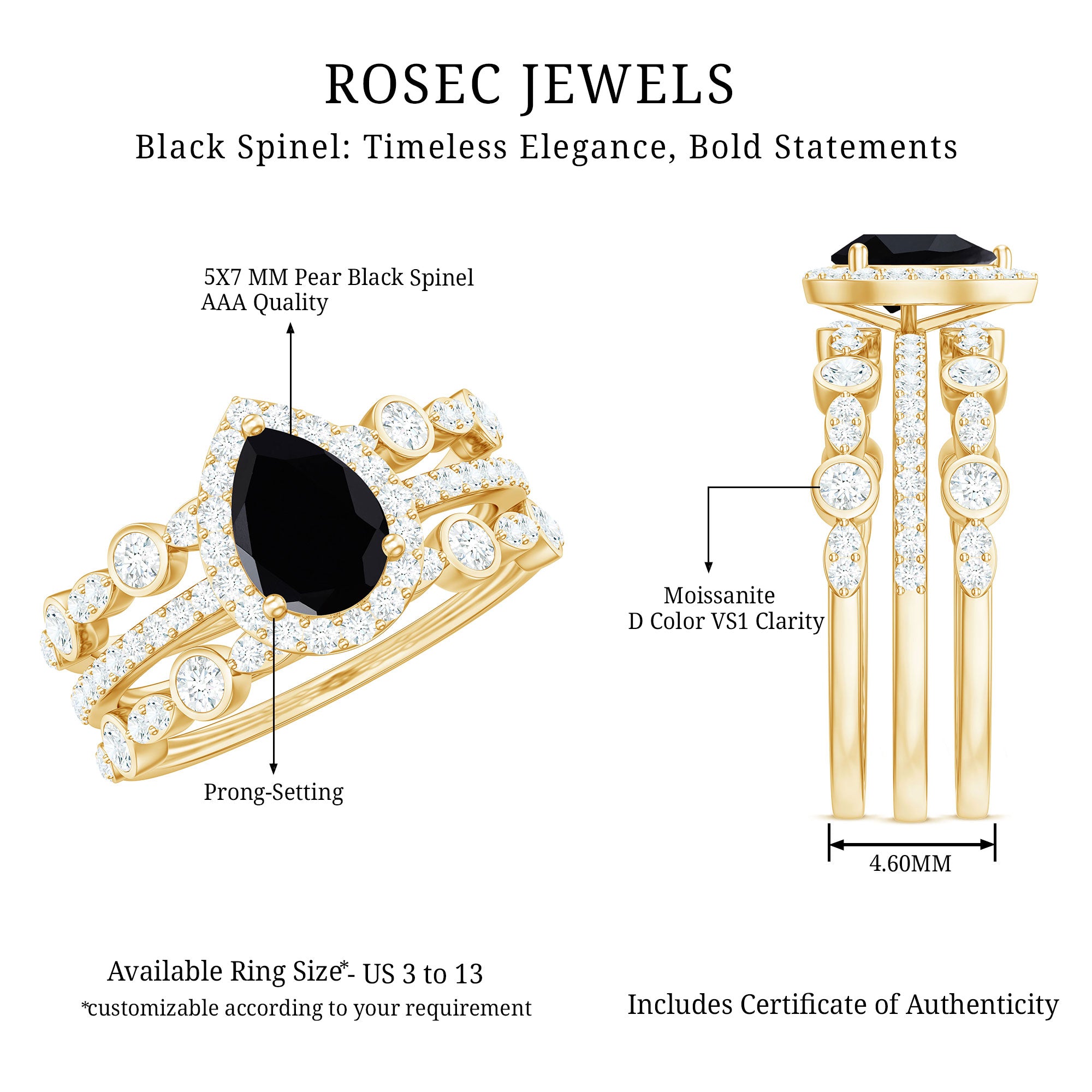 Natural Pear Shape Black Spinel Moissanite Bridal Ring Set of 3 AAA - Rosec Jewels