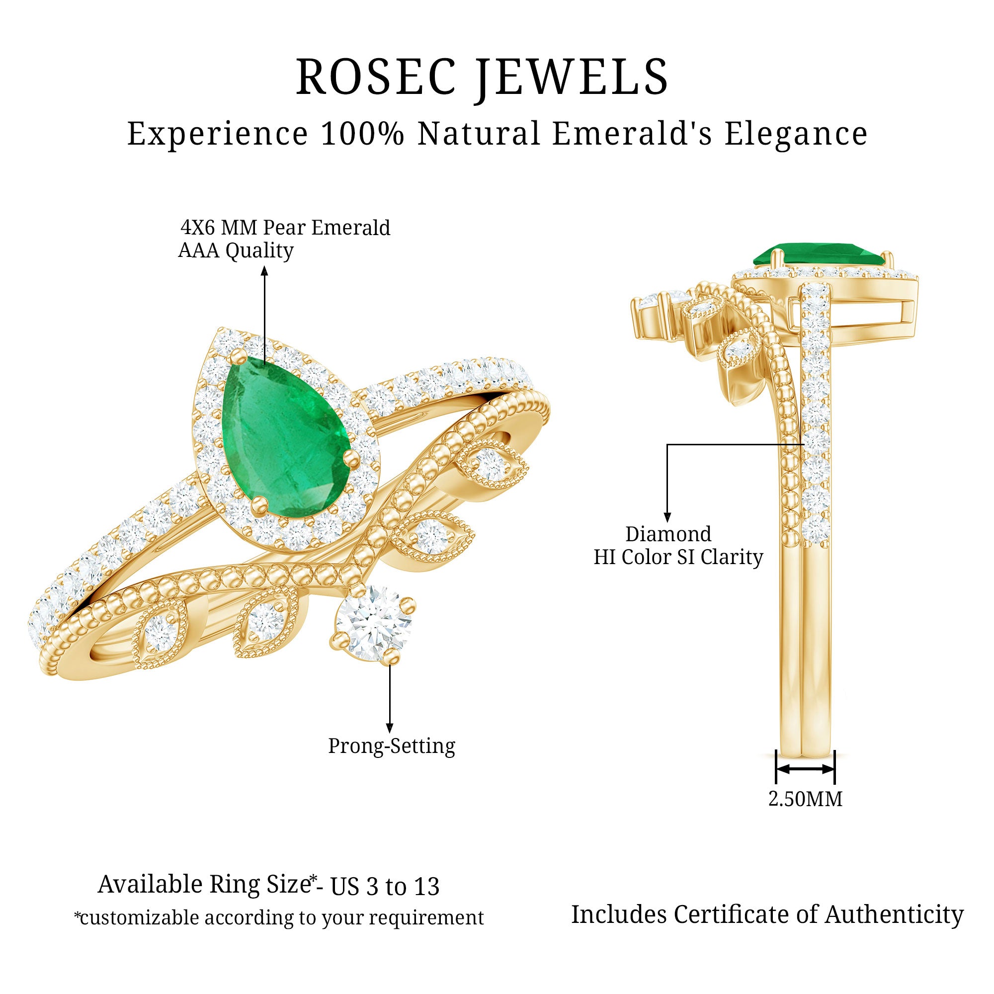 Vintage Looking Emerald Diamond Designer Engagement Wedding Ring Set AAA - Rosec Jewels