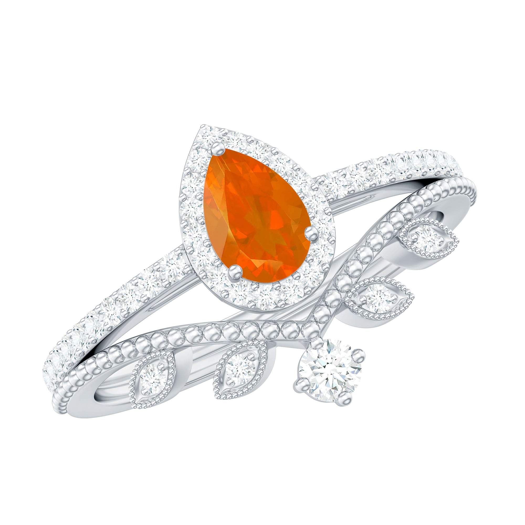 Rosec Jewels-Vintage Inspired Fire Opal Teardrop Wedding Ring Set with Diamond