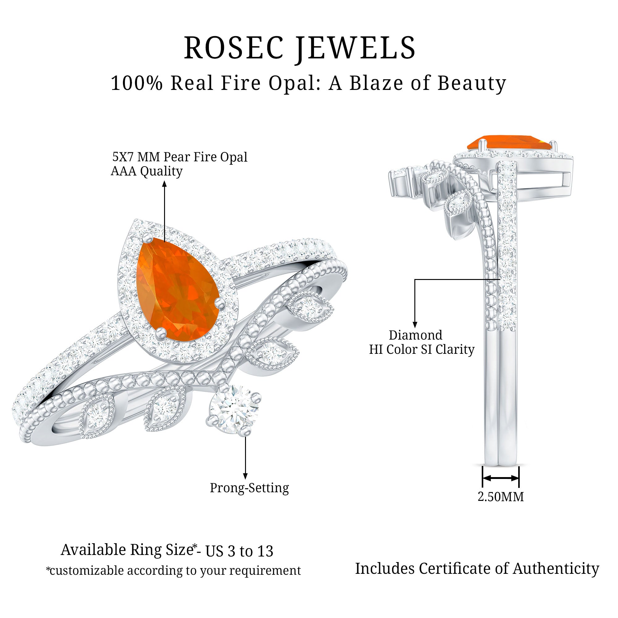 Rosec Jewels-Vintage Inspired Fire Opal Teardrop Wedding Ring Set with Diamond