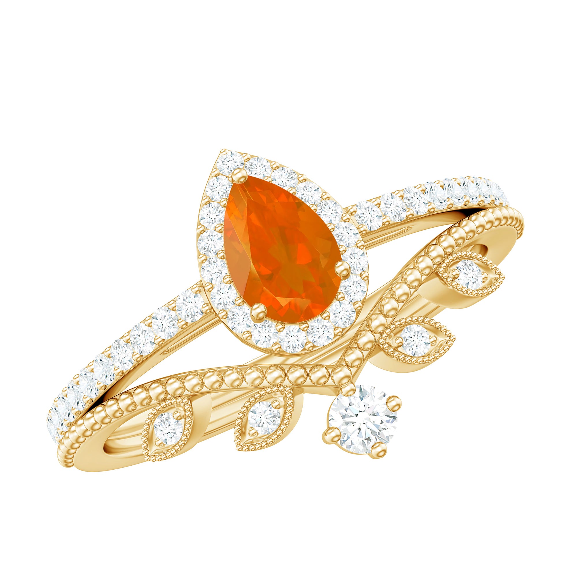 Rosec Jewels-Vintage Inspired Fire Opal Teardrop Wedding Ring Set with Diamond