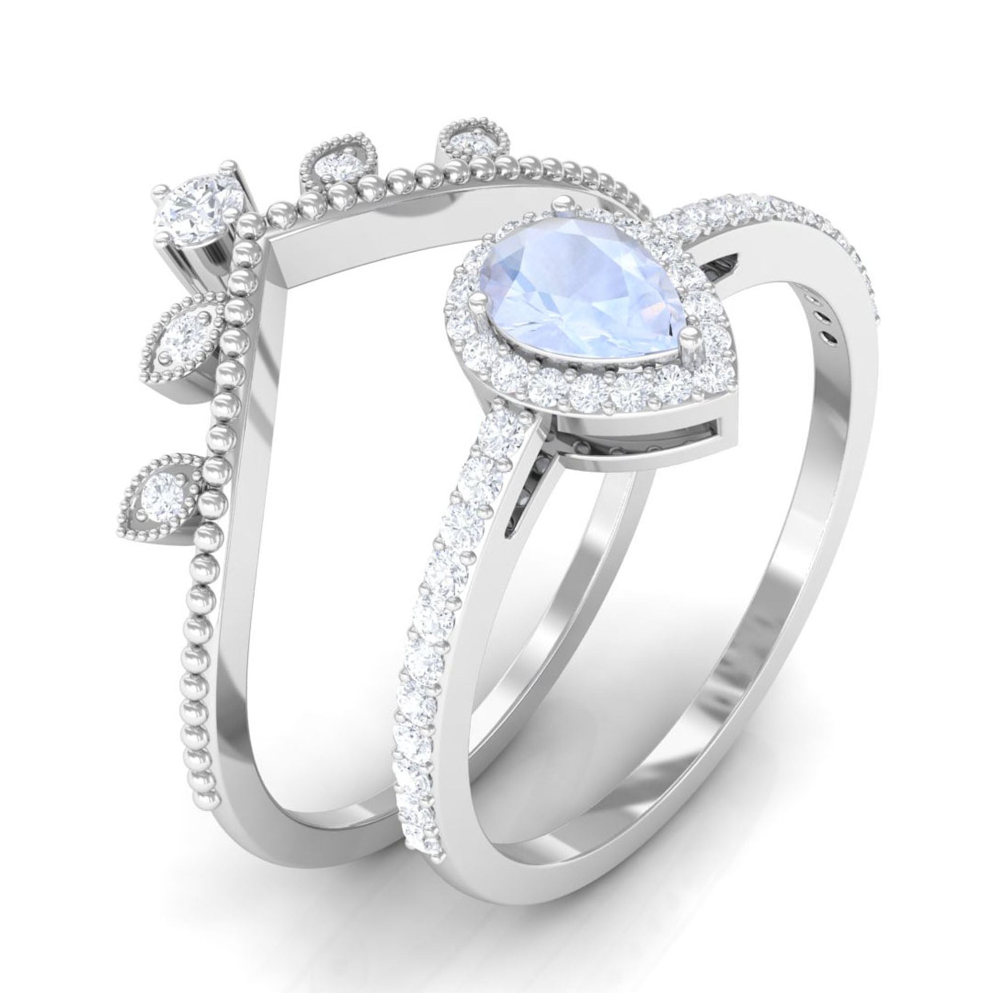 1.5 Vintage Inspired Moonstone Teardrop Wedding Ring Set with Diamond AAA - Rosec Jewels