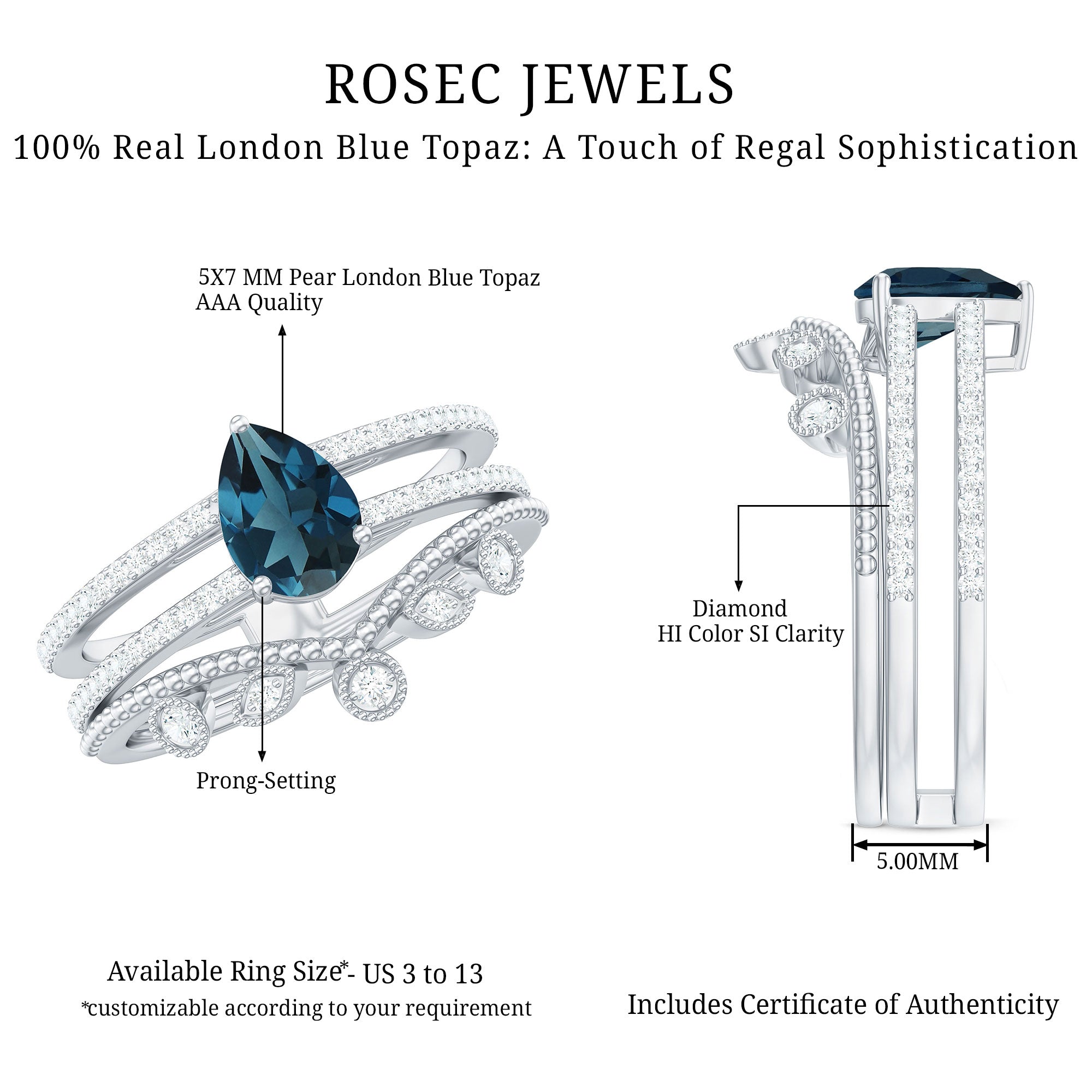 Pear London Blue Topaz Double Band Engagement Ring with Diamond Enhancer AAA - Rosec Jewels