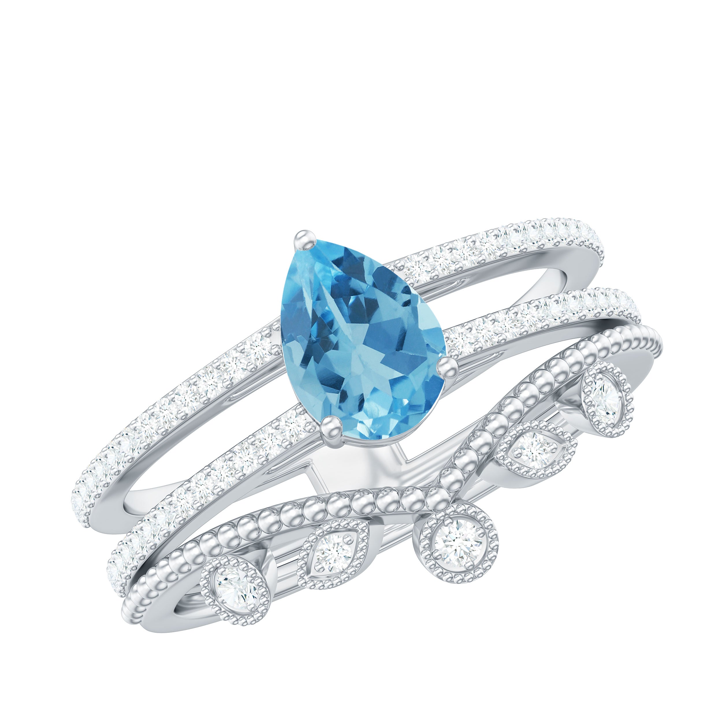 Pear Cut Natural Swiss Blue Topaz and Moissanite Wedding Ring Set