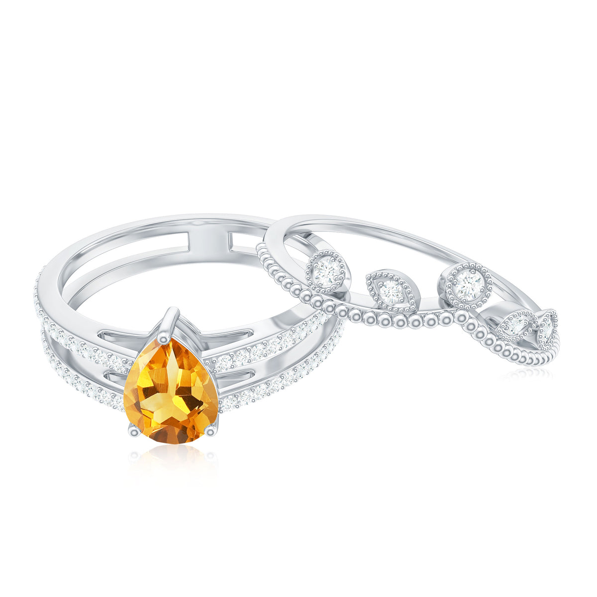 Natural Citrine Double Band Engagement Ring with Enhancer AAA - Rosec Jewels