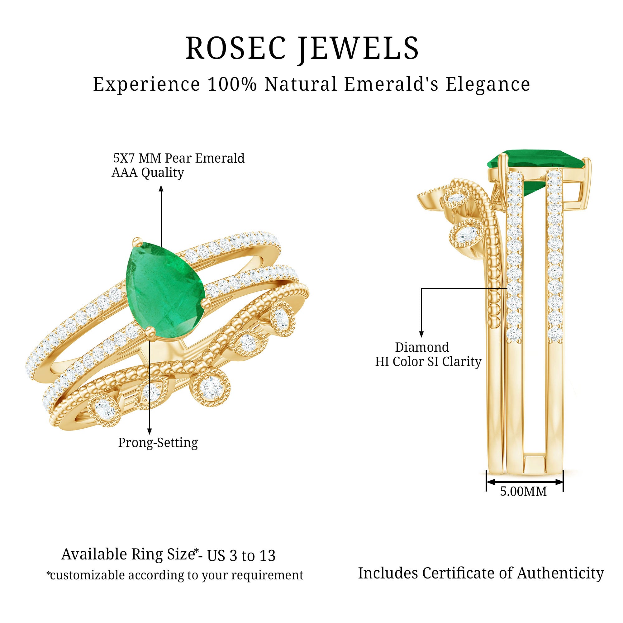 Vintage Style Emerald Diamond Wedding Bridal Ring Set AAA - Rosec Jewels