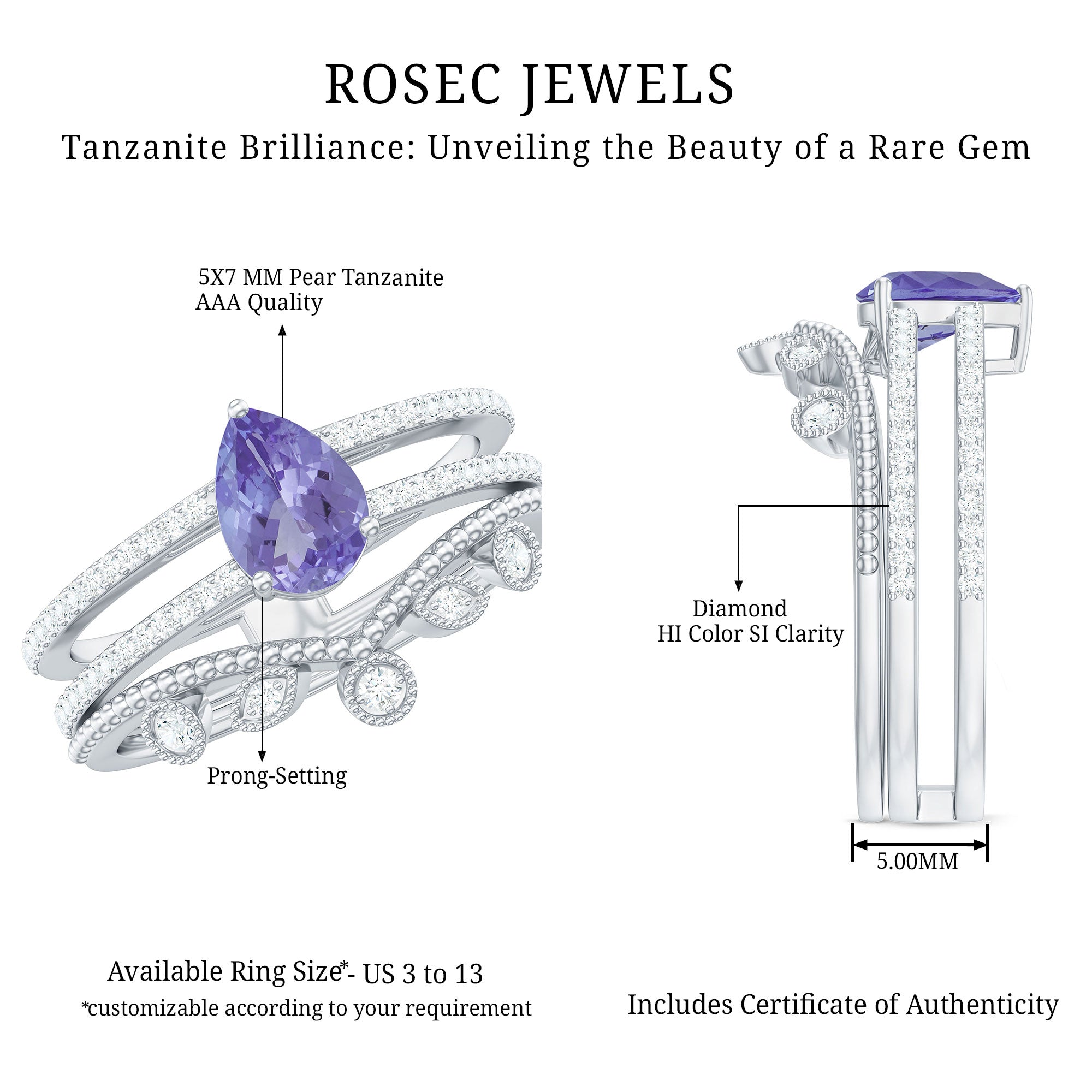 Rosec Jewels-Real Tanzanite Diamond Double Band Engagement Ring with Curved Wedding Band
