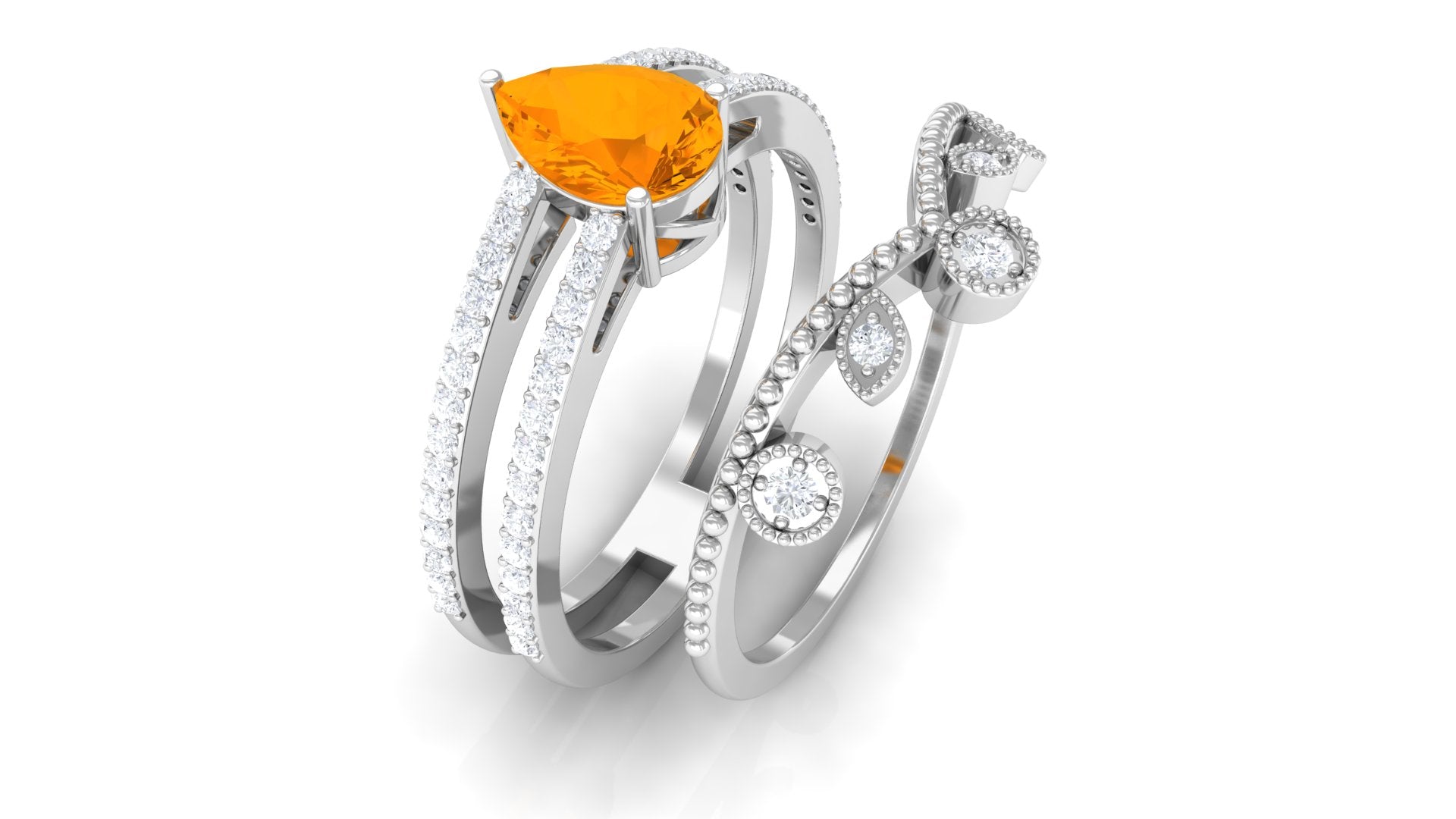 Pear Cut Fire Opal and Diamond Vintage Engagement Ring with Wedding Band Set AAA - Rosec Jewels