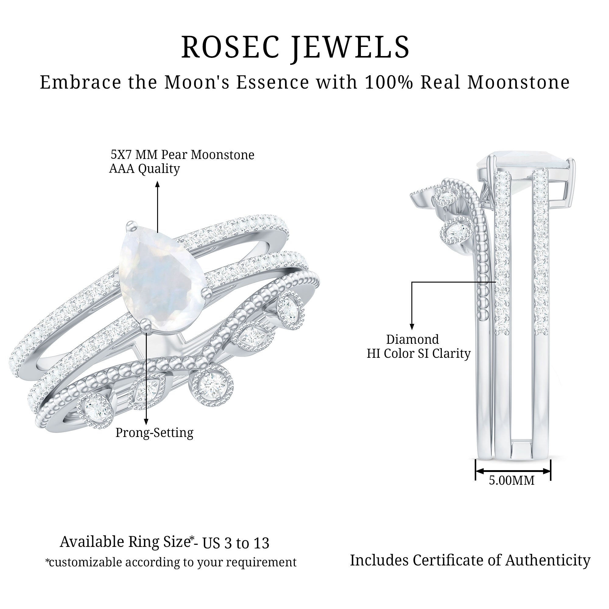 Pear Cut Natural Moonstone and Diamond Wedding Ring Set AAA - Rosec Jewels
