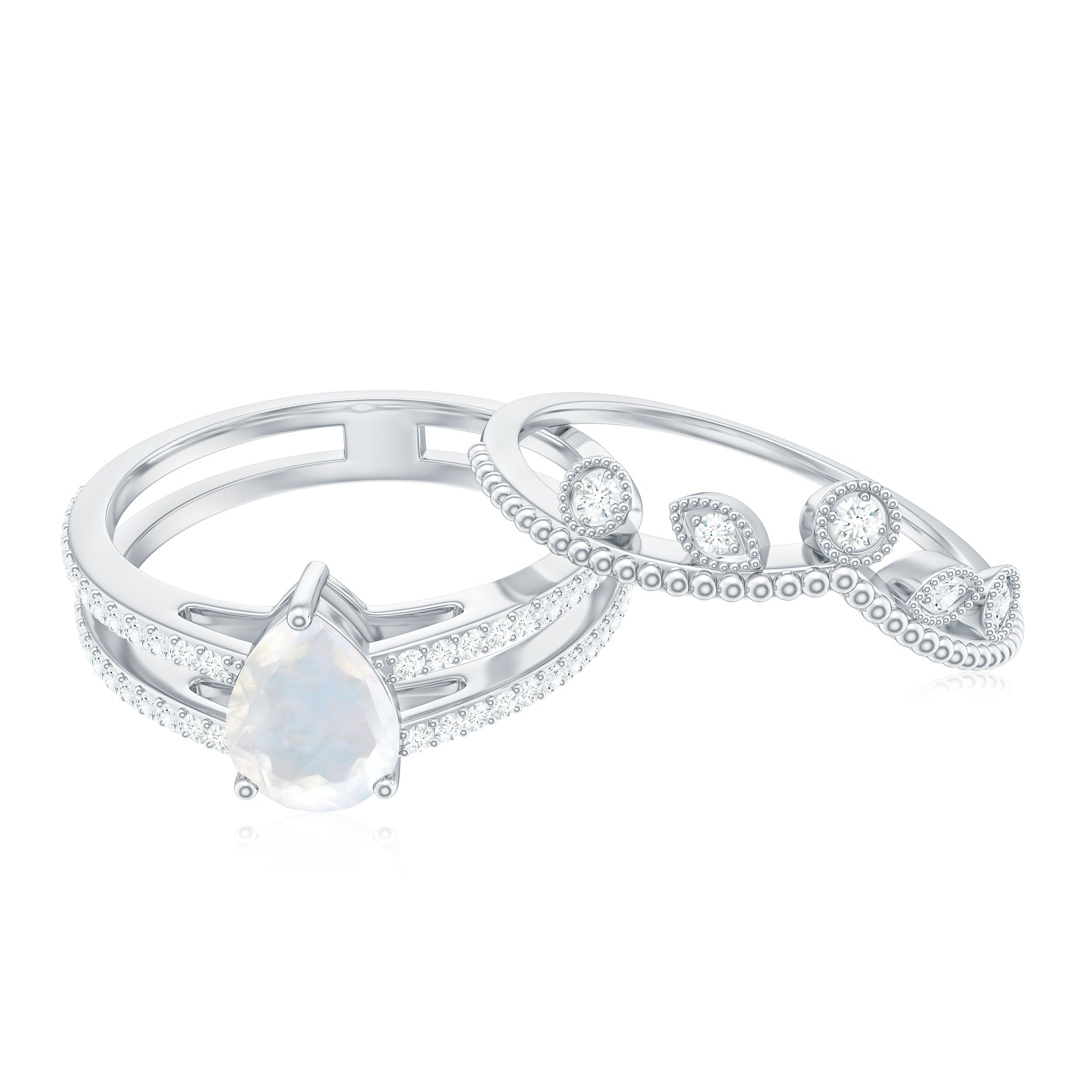 Pear Cut Natural Moonstone and Diamond Wedding Ring Set AAA - Rosec Jewels