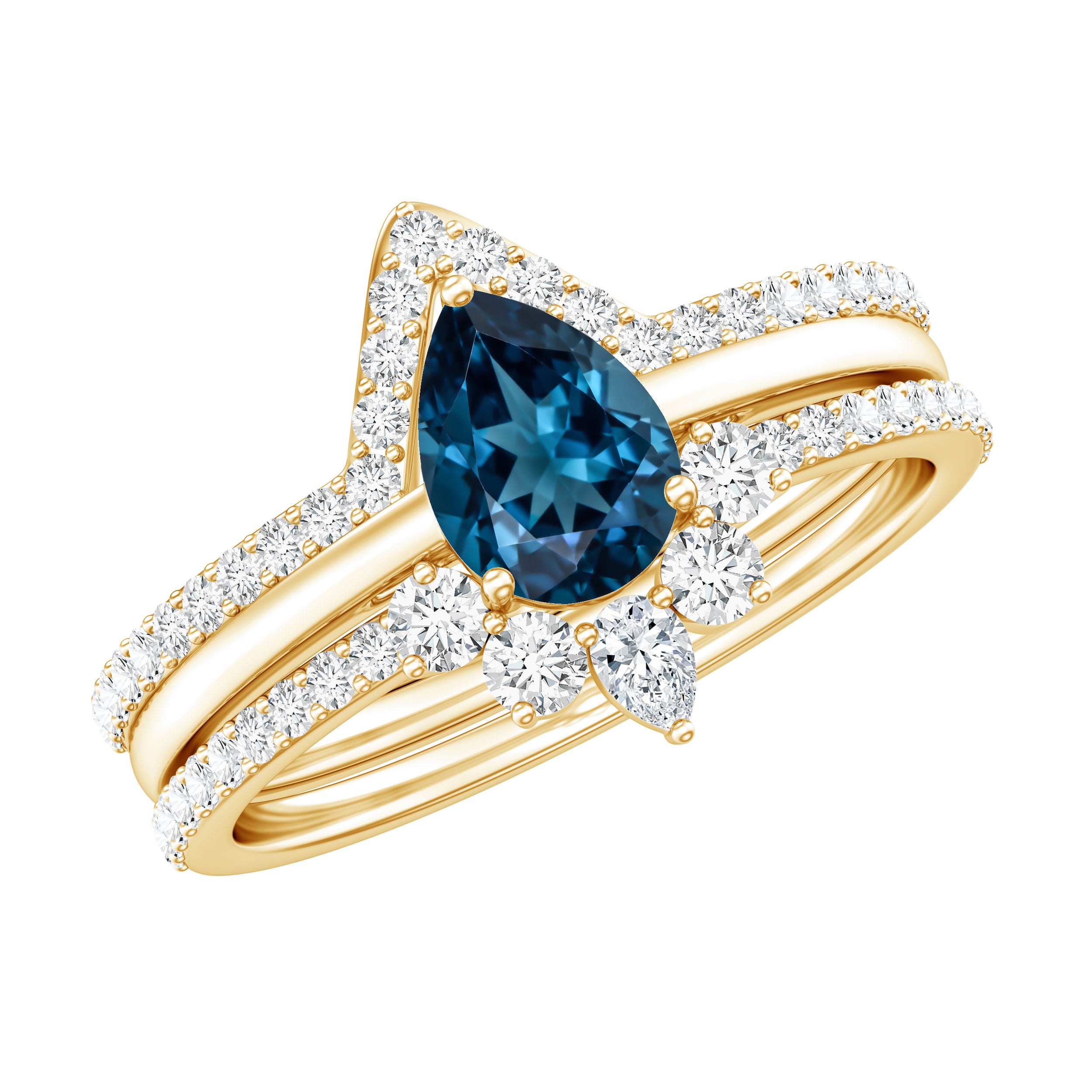 Pear Shape London Blue Topaz and Diamond Trio Ring Set AAA - Rosec Jewels