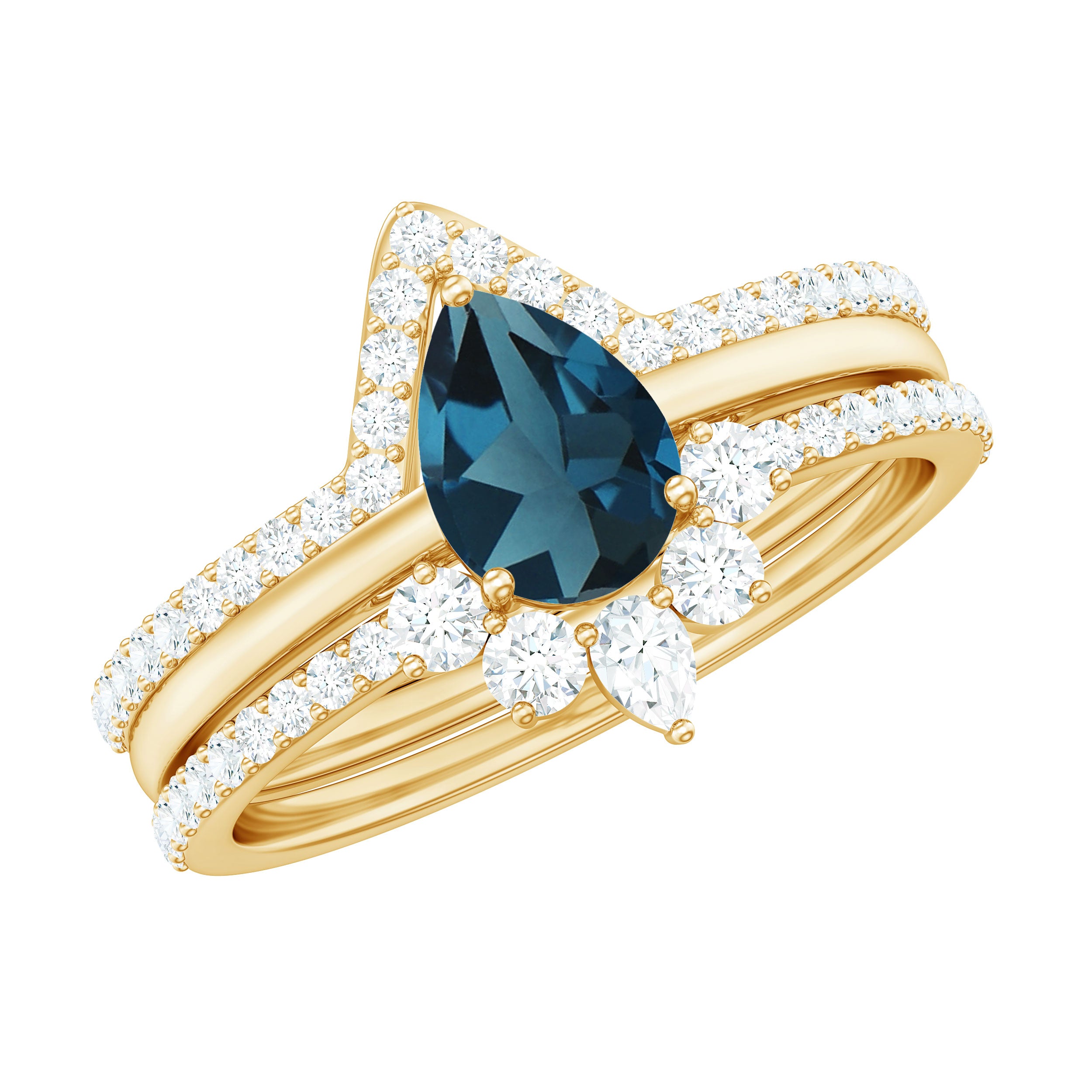 Pear Shape London Blue Topaz and Diamond Trio Ring Set AAA - Rosec Jewels