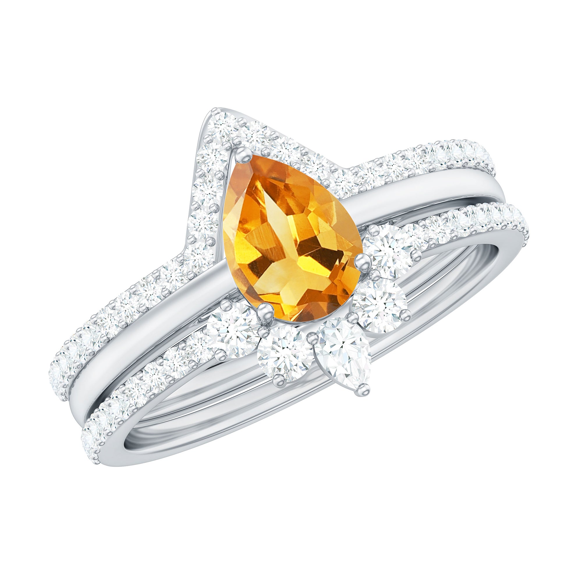 Natural Pear Shape Citrine Wedding Bridal Ring Set of 3 with Certificate AAA - Rosec Jewels