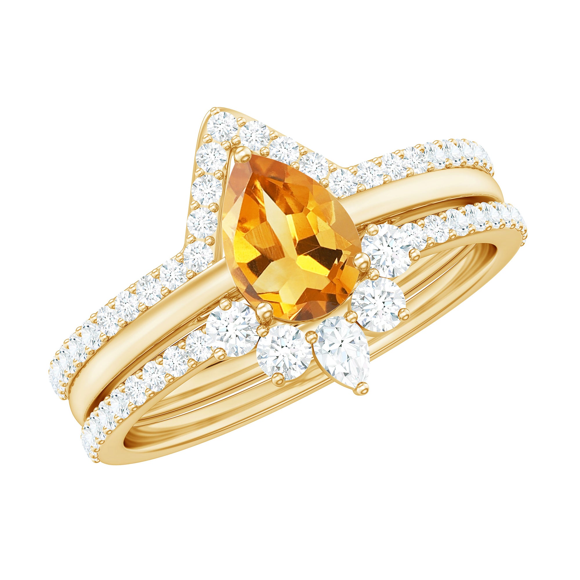 Natural Pear Shape Citrine Wedding Bridal Ring Set of 3 with Certificate AAA - Rosec Jewels