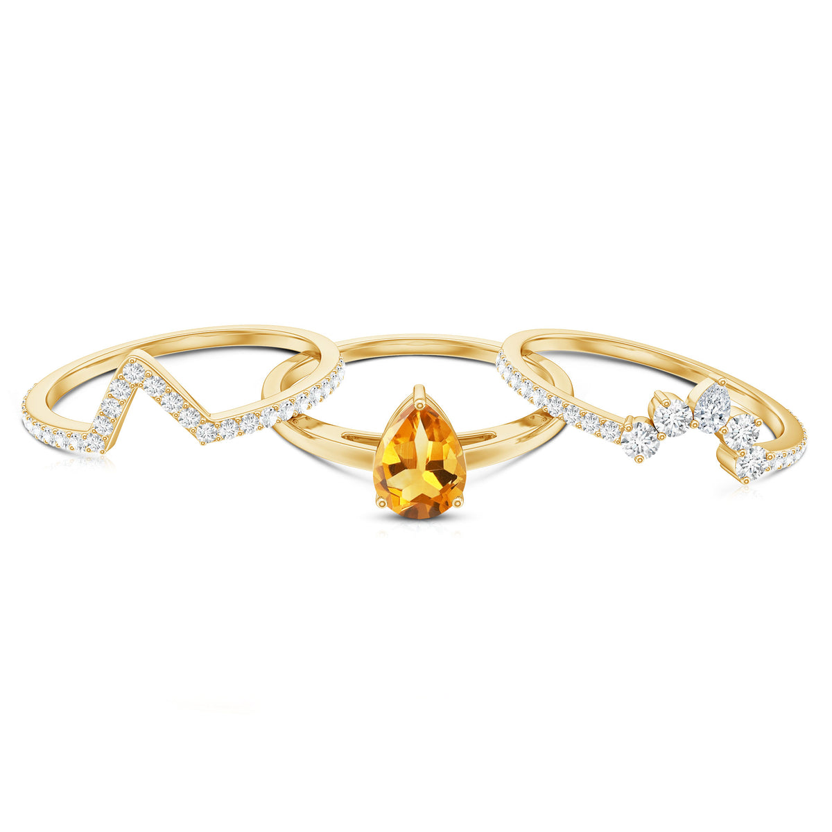 Natural 0.6 Carat Pear Shape Citrine Wedding Bridal Ring Set of 3 with Certificate AAA - Rosec Jewels