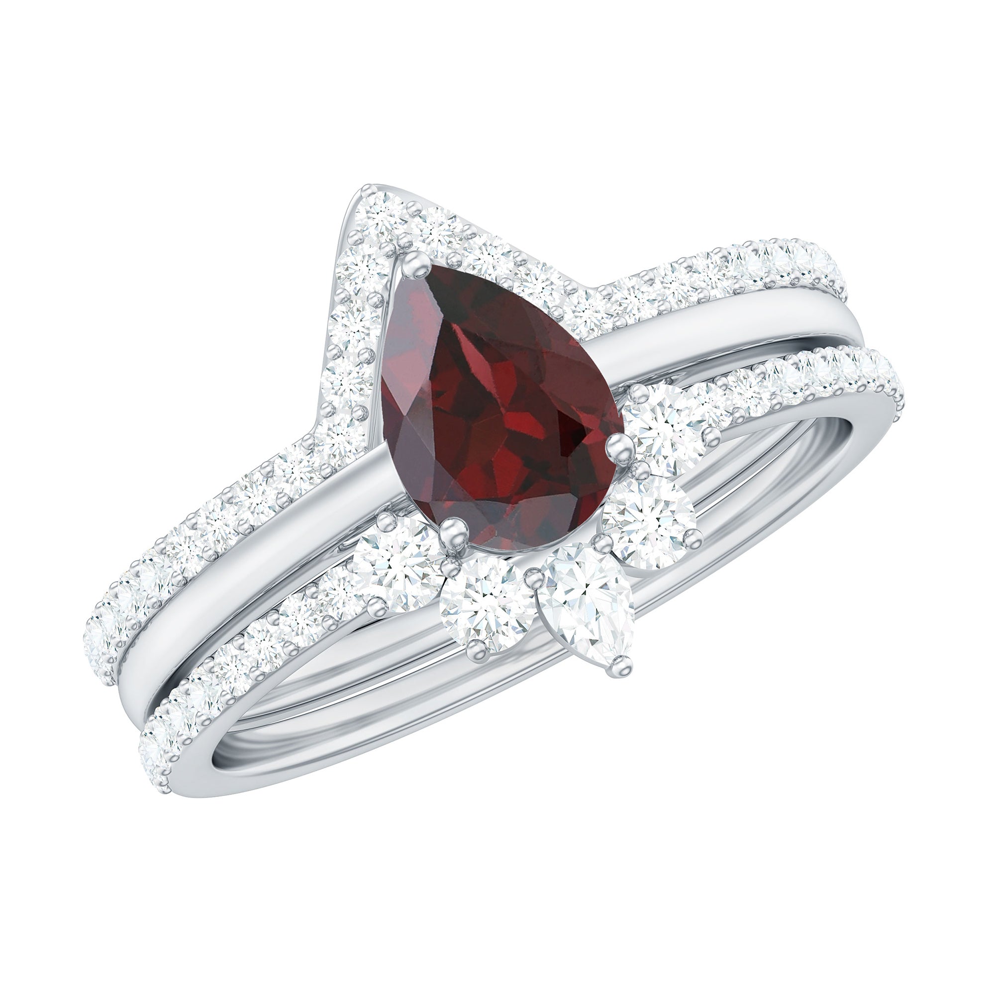 Natural Pear Shaped Garnet Diamond 3 Piece Bridal Ring Set AAA - Rosec Jewels
