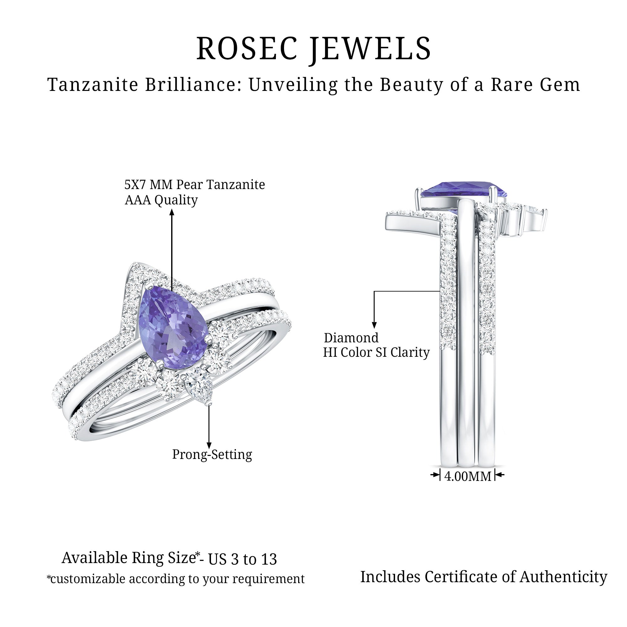 0.8 Carat Natural Tanzanite Diamond 3 Piece Wedding Ring Set AAA - Rosec Jewels