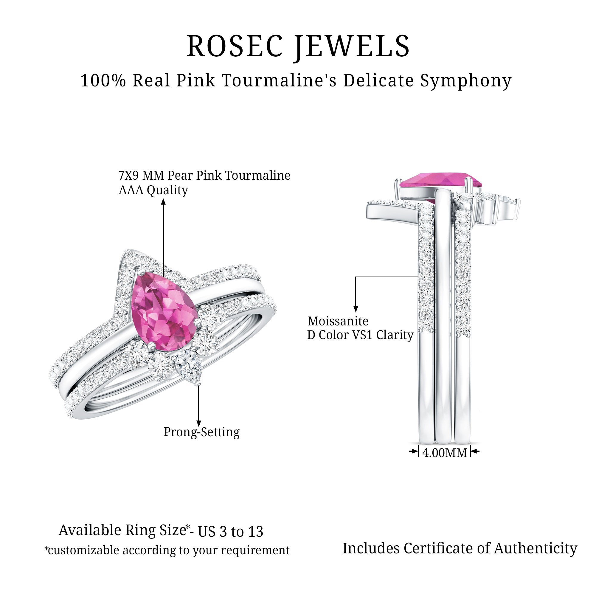 Pear Cut Pink Tourmaline Trio Wedding Ring Set with Moissanite AAA - Rosec Jewels