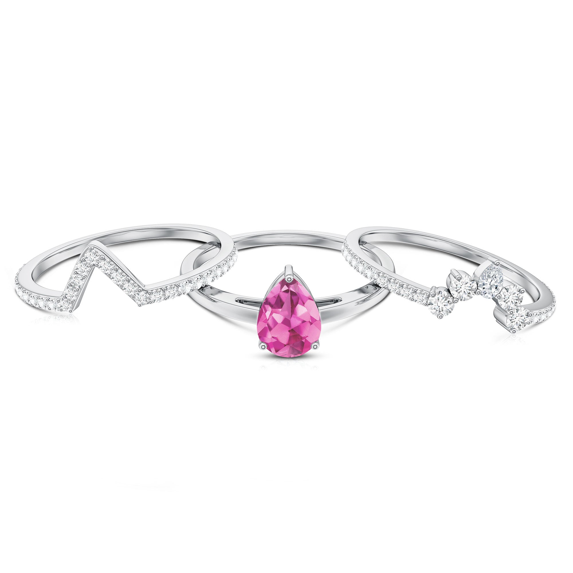 Pear Cut Pink Tourmaline Trio Wedding Ring Set with Moissanite AAA - Rosec Jewels
