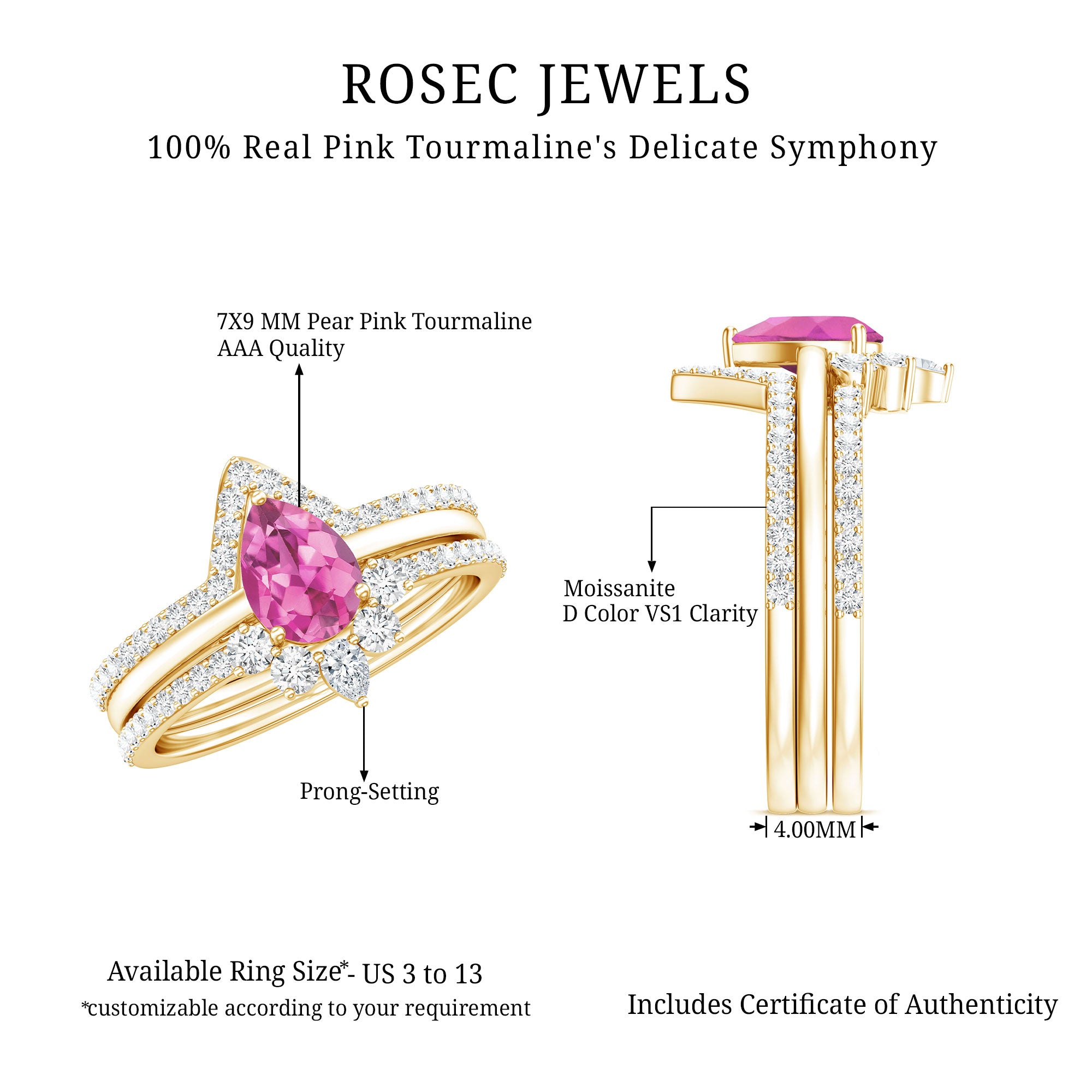 Pear Cut Pink Tourmaline Trio Wedding Ring Set with Moissanite AAA - Rosec Jewels