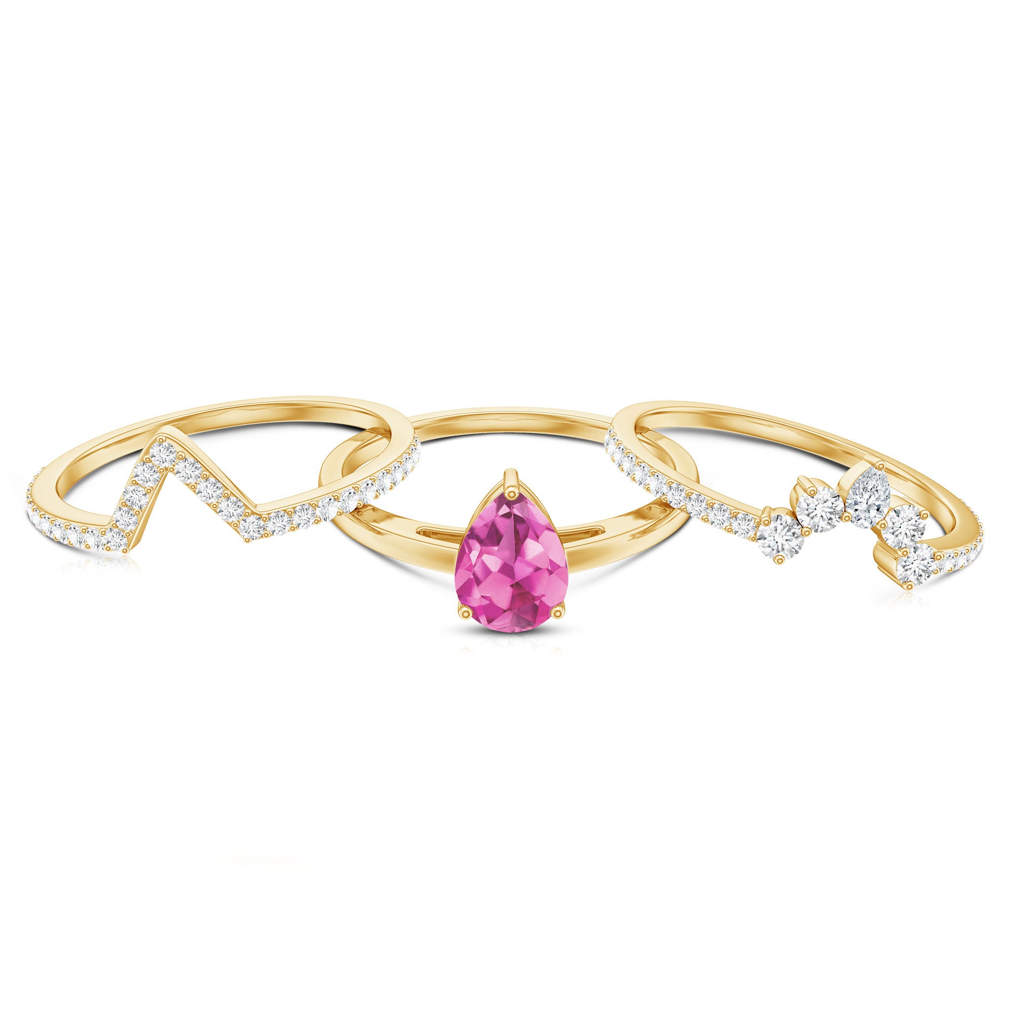 Pear Cut Pink Tourmaline Trio Wedding Ring Set with Moissanite AAA - Rosec Jewels