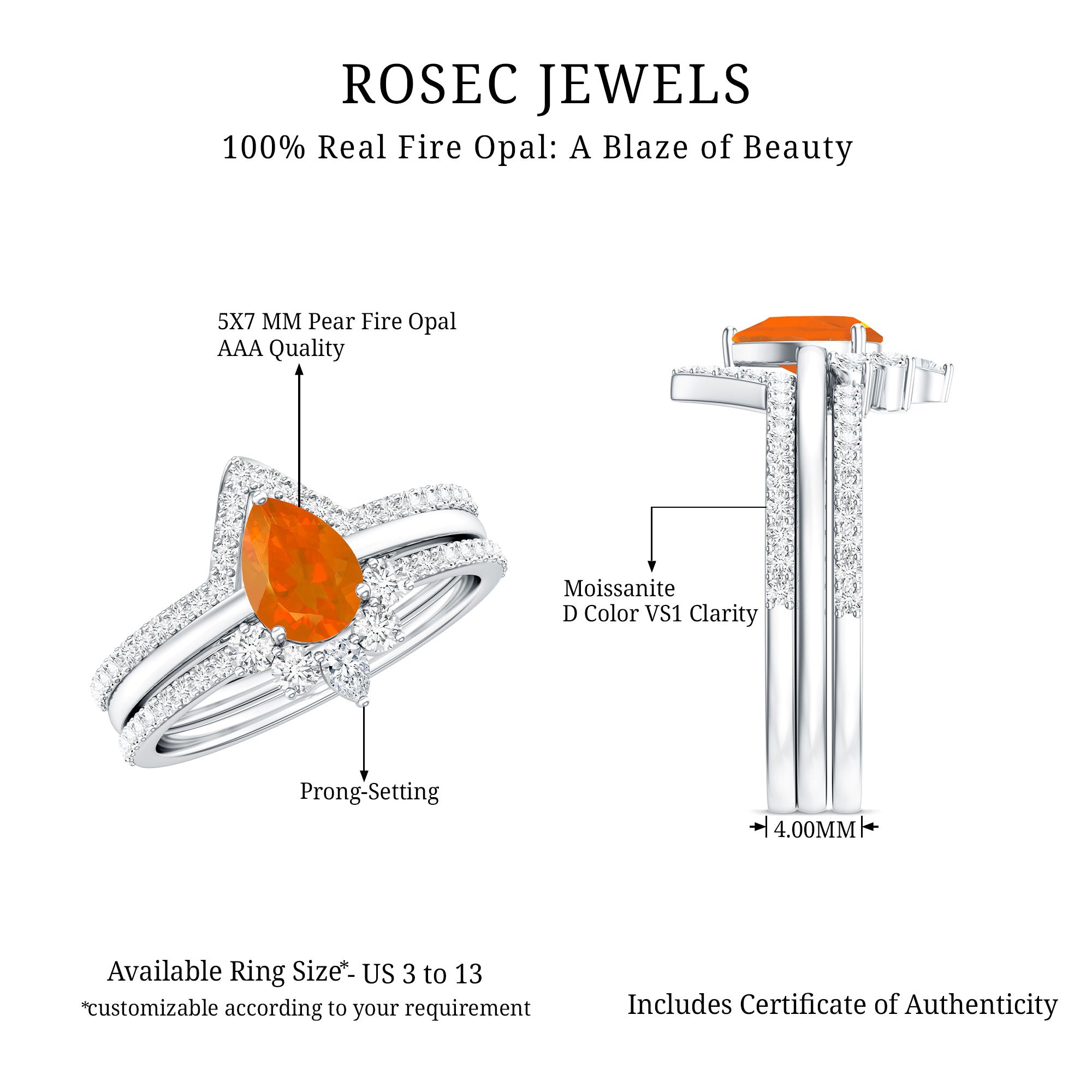 Pear Cut Fire Opal Trio Wedding Ring Set with Moissanite AAA - Rosec Jewels