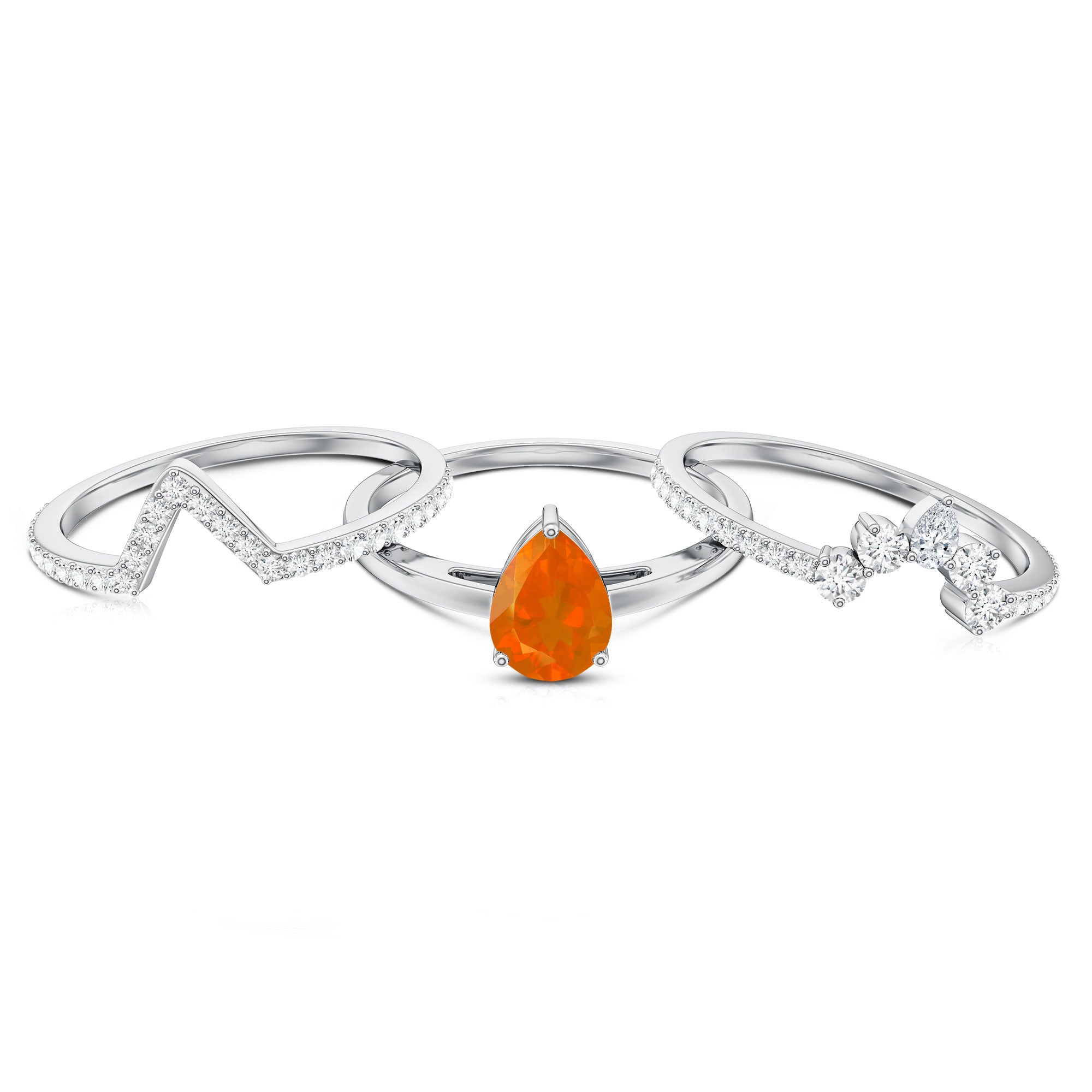 Pear Cut Fire Opal Trio Wedding Ring Set with Moissanite AAA - Rosec Jewels