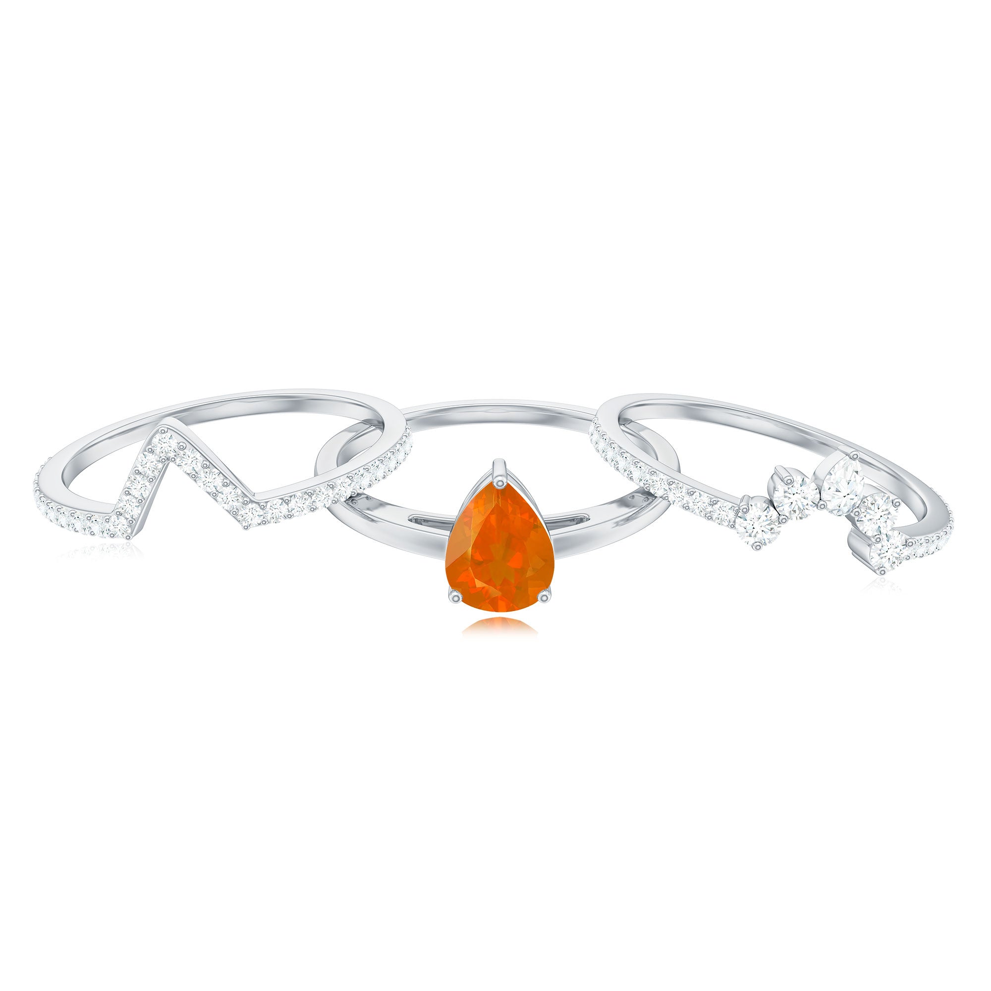 Rosec Jewels-Pear Cut Fire Opal Trio Wedding Ring Set with Moissanite