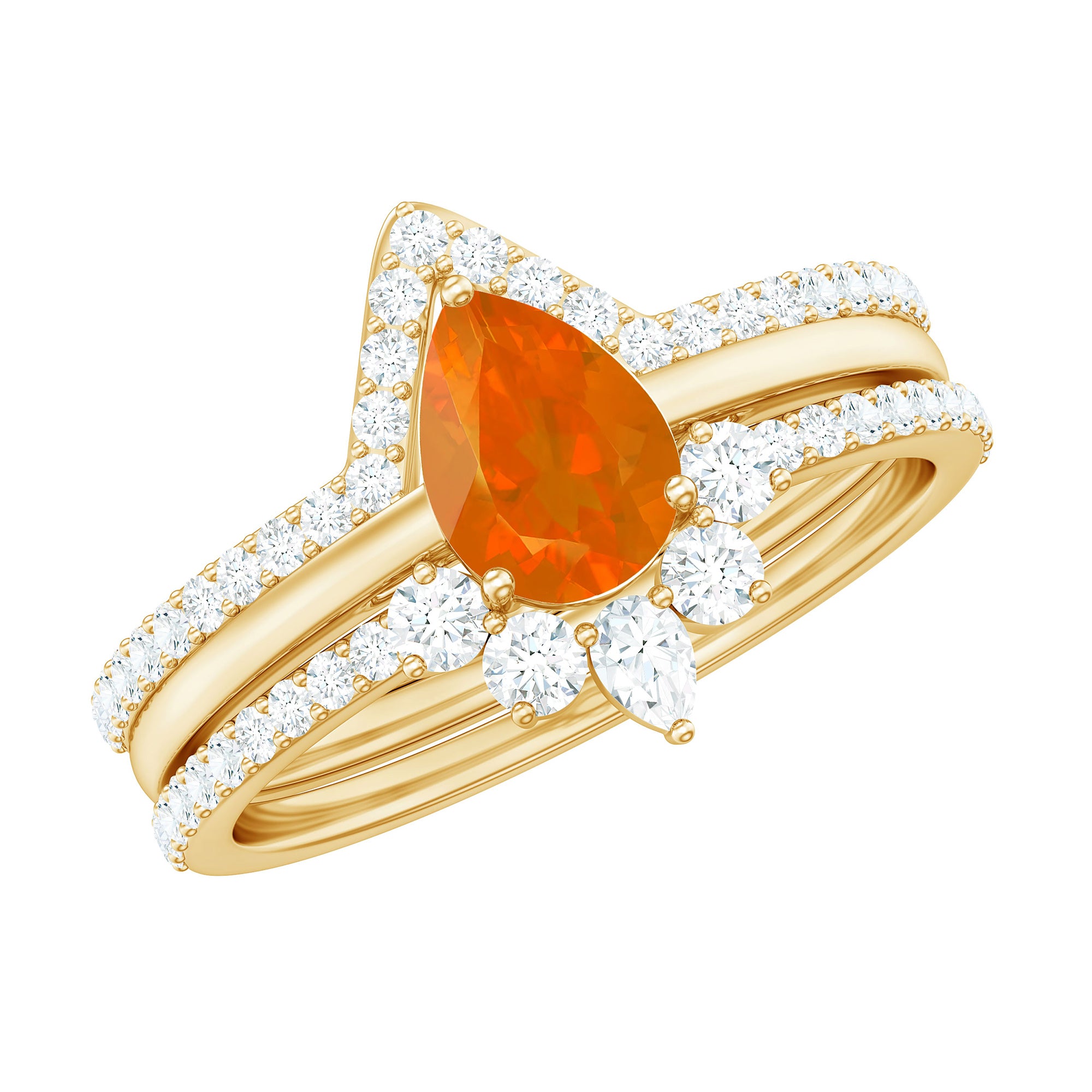 Rosec Jewels-Pear Cut Fire Opal Trio Wedding Ring Set with Moissanite
