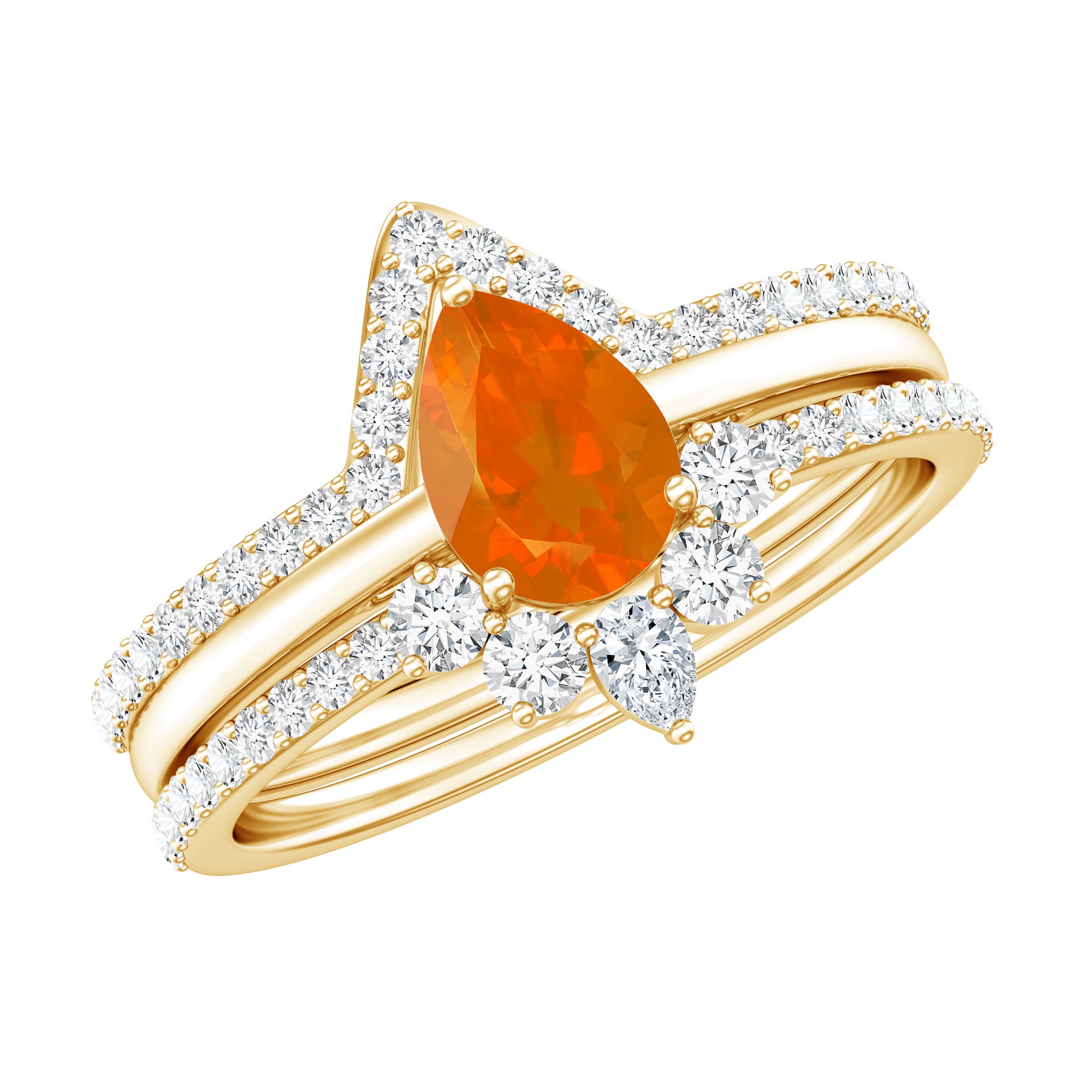 Pear Cut Fire Opal Trio Wedding Ring Set with Moissanite AAA - Rosec Jewels