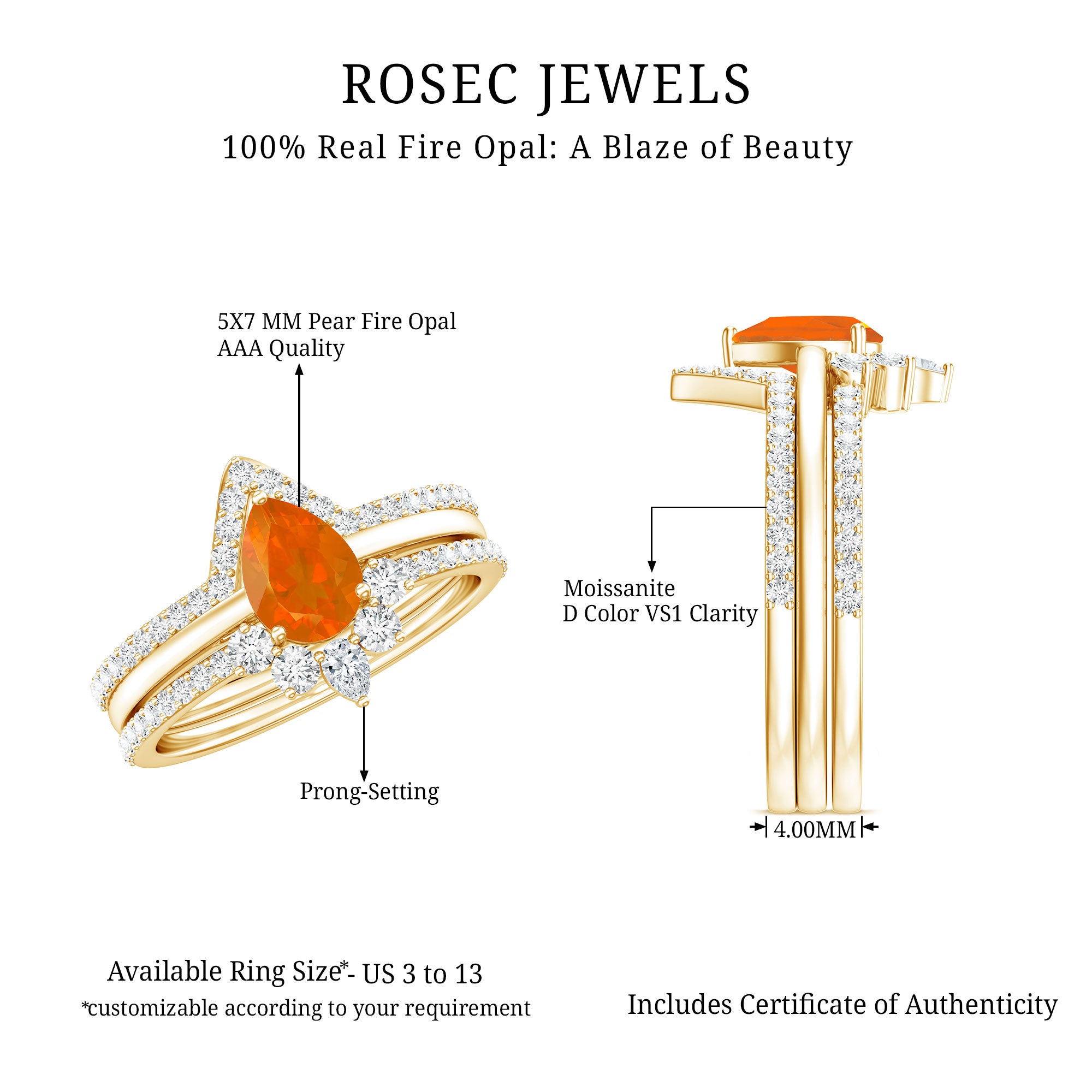 Pear Cut Fire Opal Trio Wedding Ring Set with Moissanite AAA - Rosec Jewels